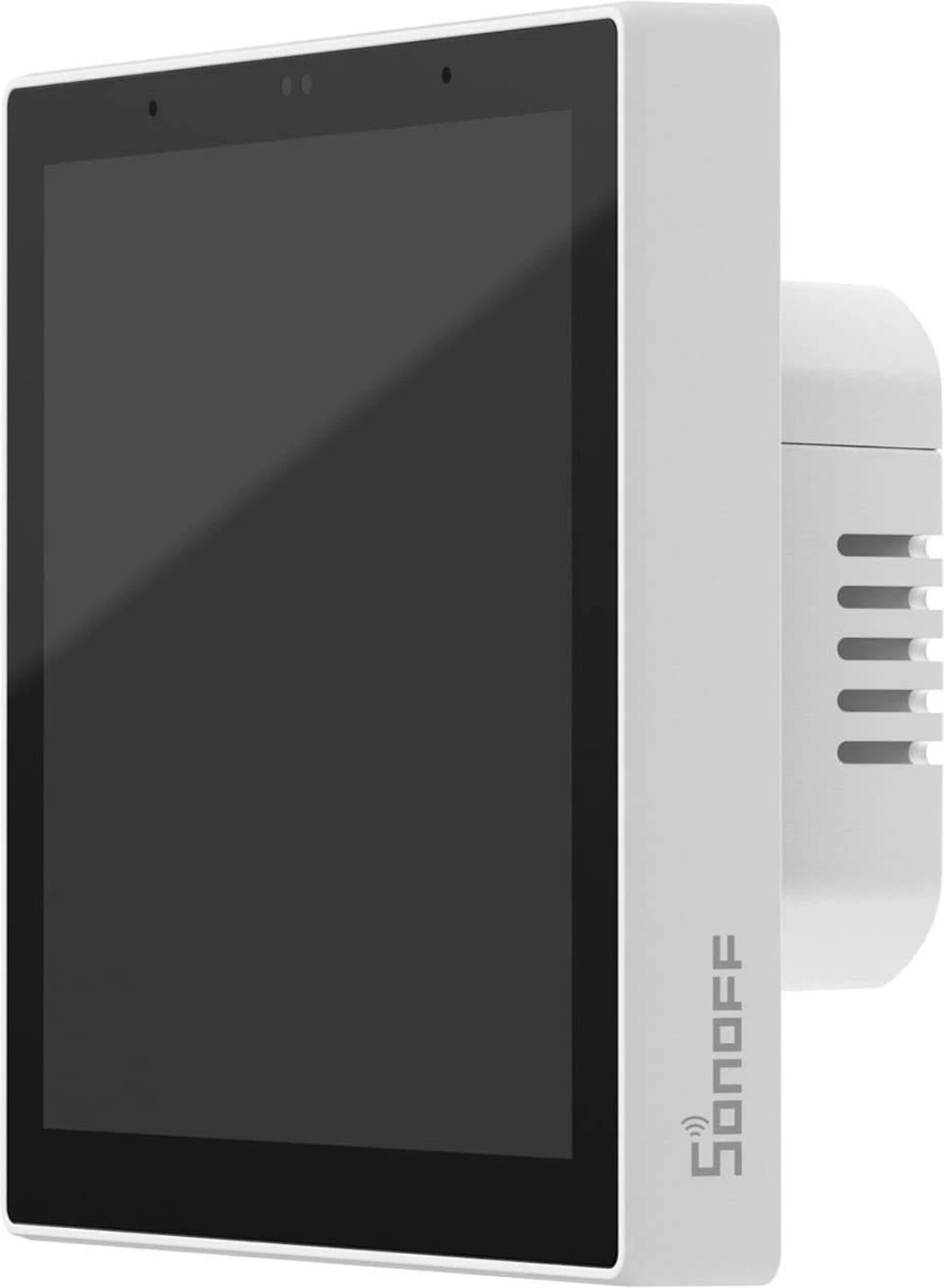 Biały panel sterowania inteligentnym domem z czarnym ekranem dotykowym i dwiema kamerami.