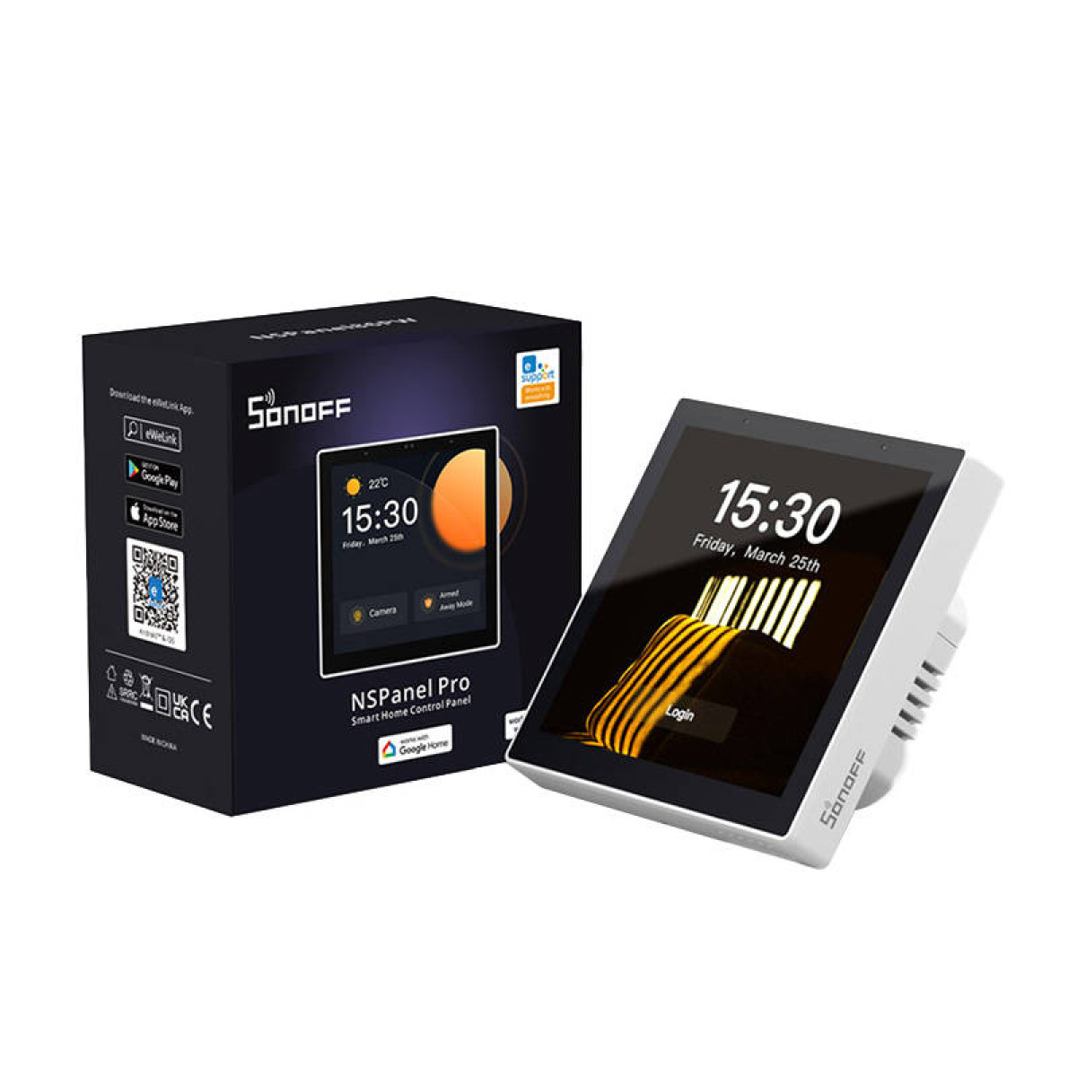 Sonoff NSPanel Pro: Panel sterowania inteligentnym domem z pudełkiem. Białe urządzenie.