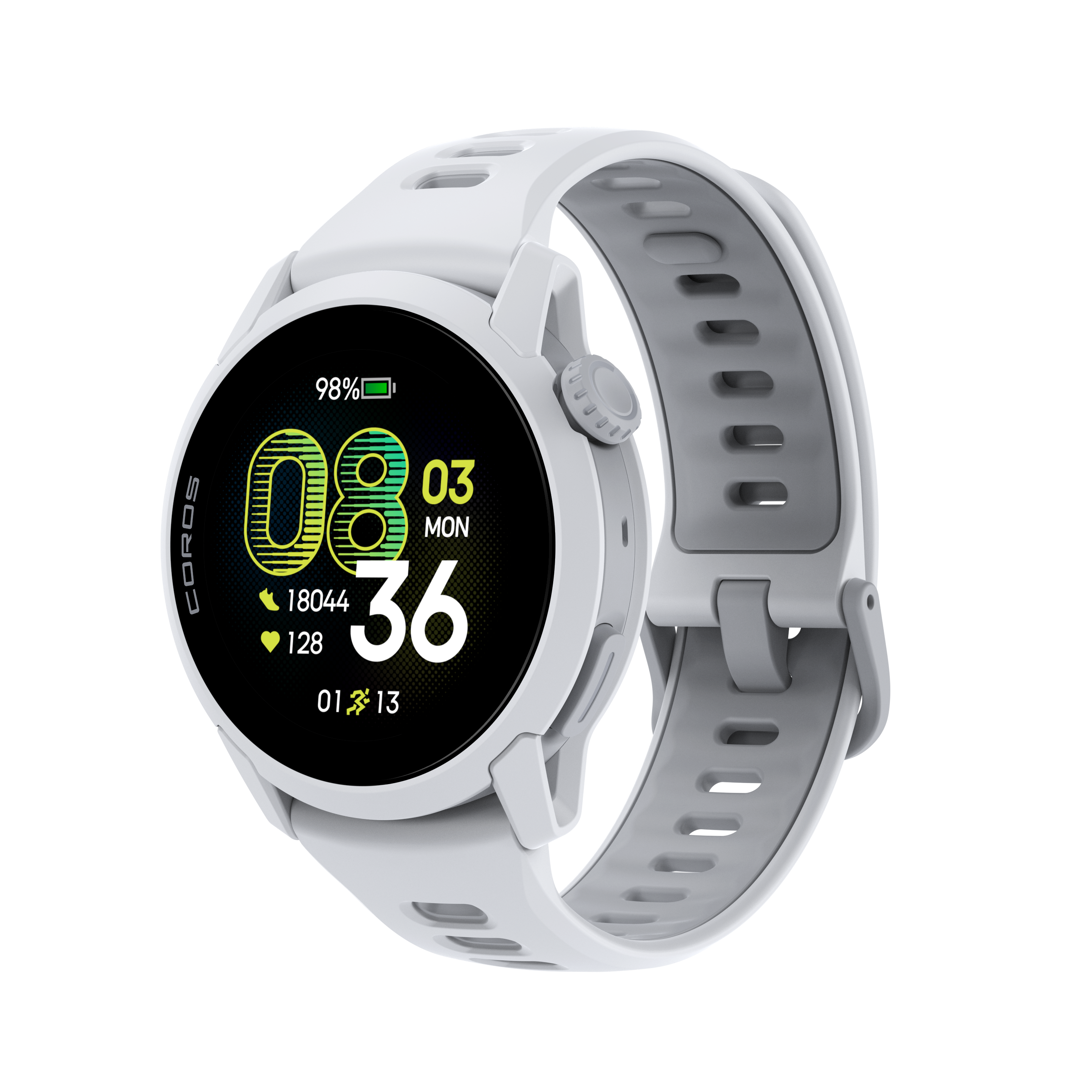 Orologio smart bianco con cinturino grigio, mostra ora, batteria, passi, battito.