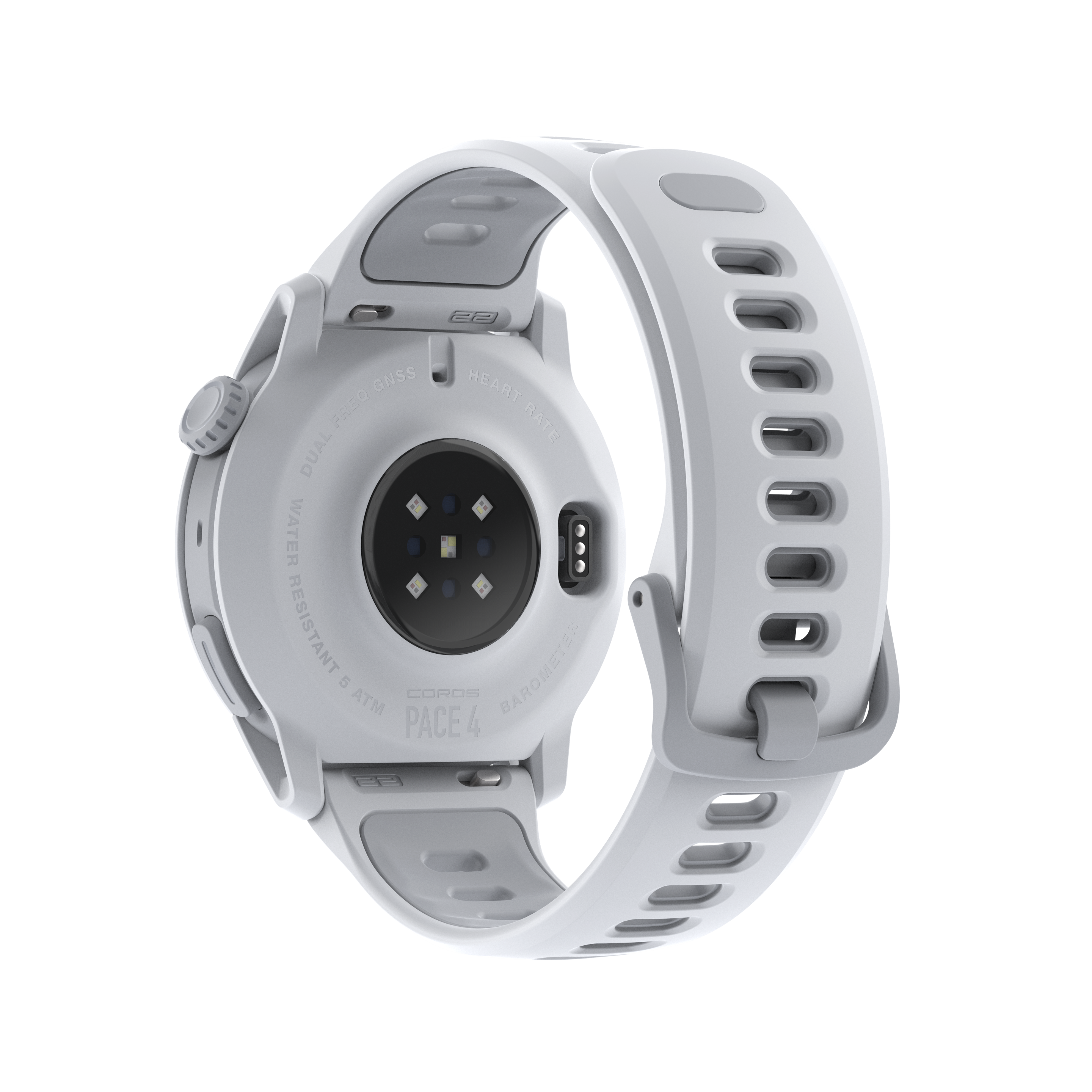 Retro di uno smartwatch bianco Coros Pace 4 con sensore di battito cardiaco e cinturino.