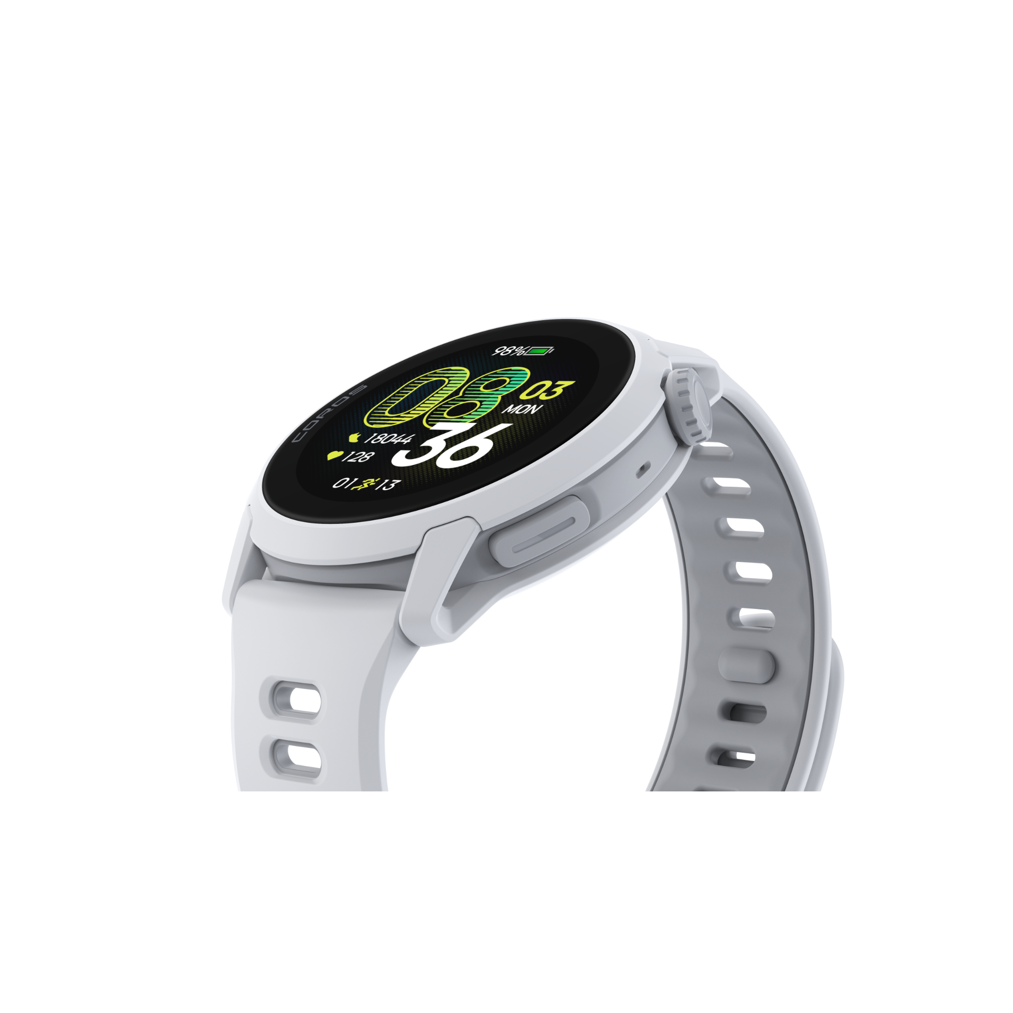 Smartwatch bianco con display rotondo, mostra 98% batteria e ora 08:03.