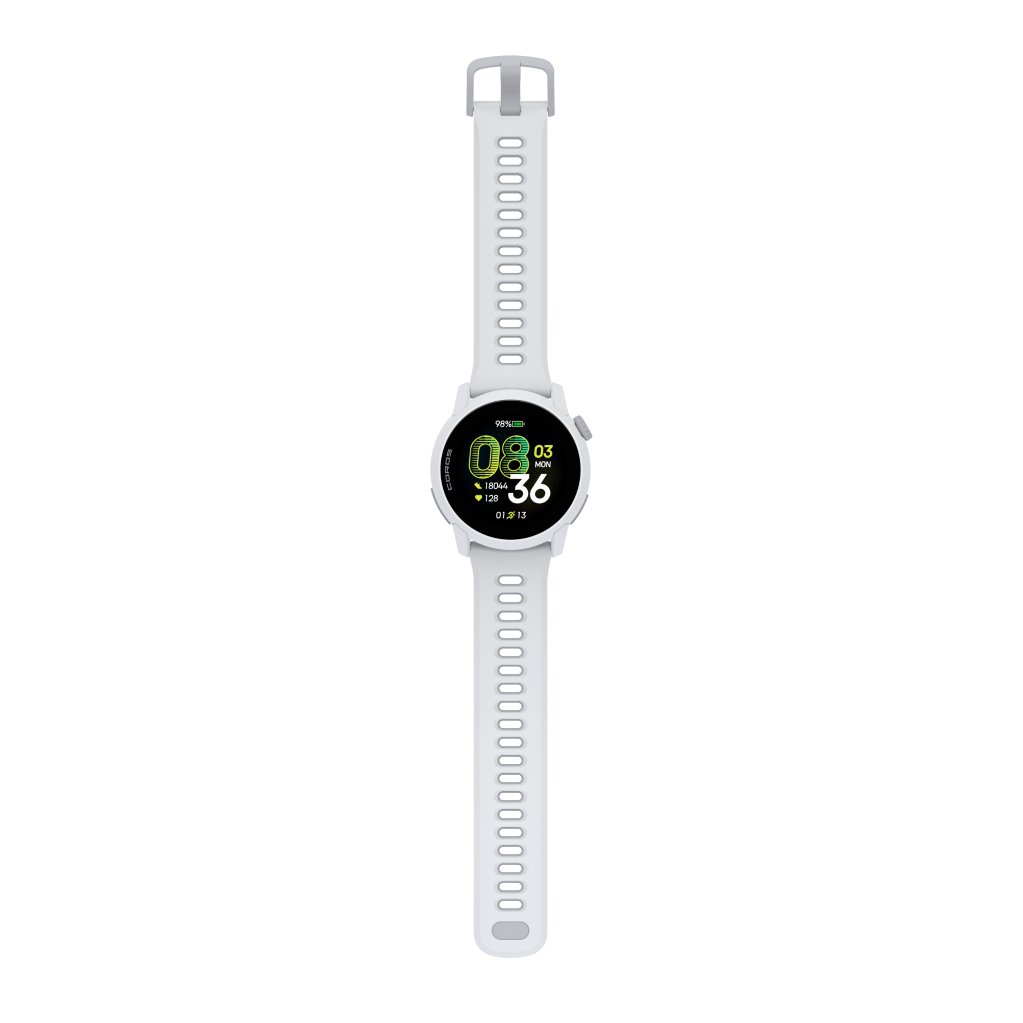 Uno smartwatch bianco con quadrante rotondo che mostra ora, data e metriche fitness.