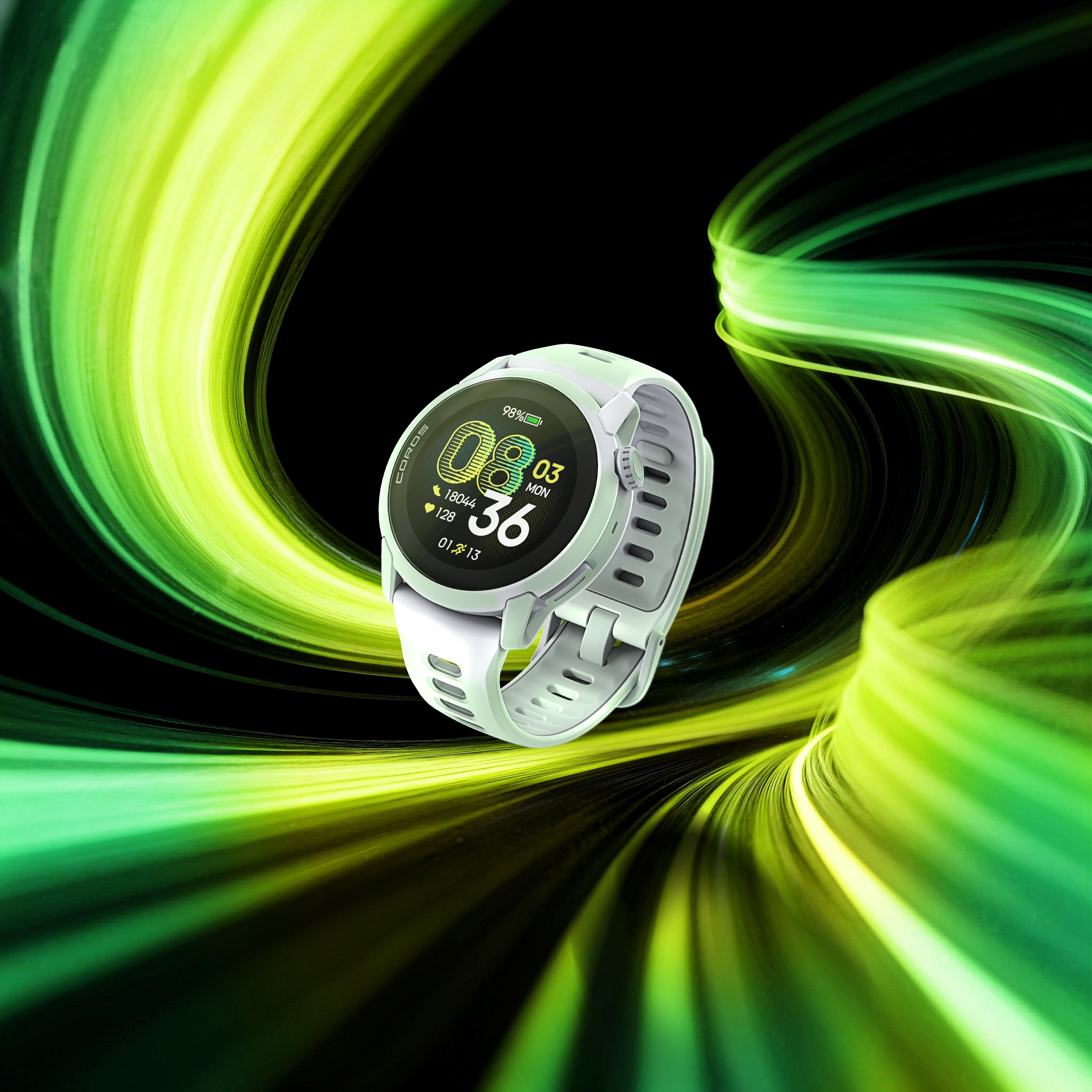 Uno smartwatch bianco su uno sfondo di strisce di luce verde.