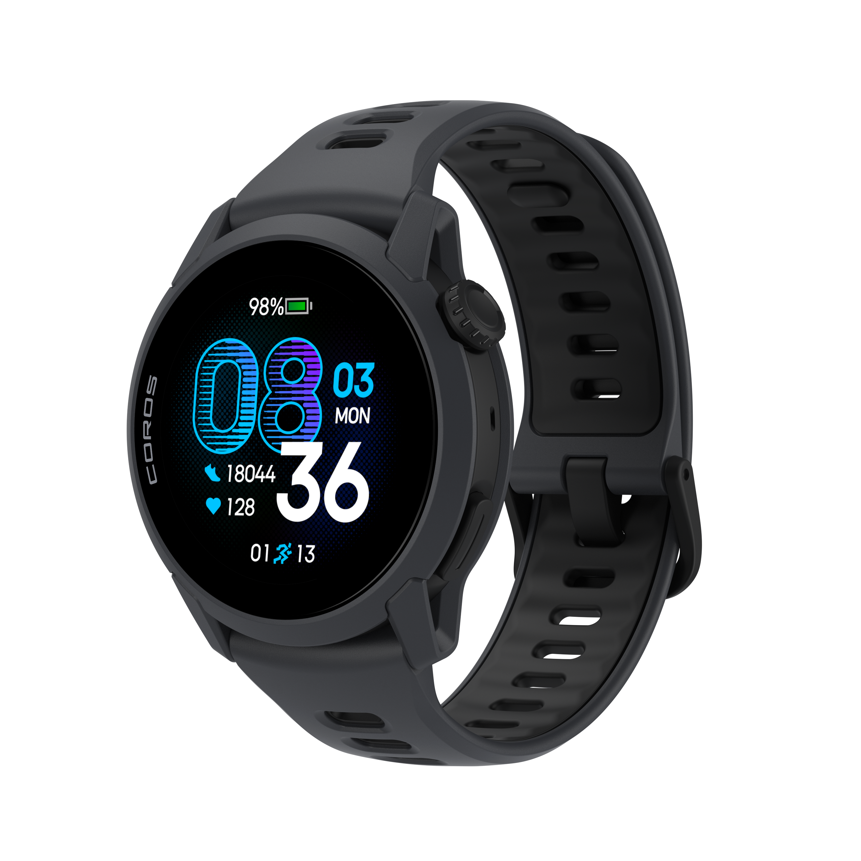 Uno smartwatch grigio con quadrante scuro che mostra 98% batteria, 08:03, 36 passi, 18044 passi e 128 battiti.