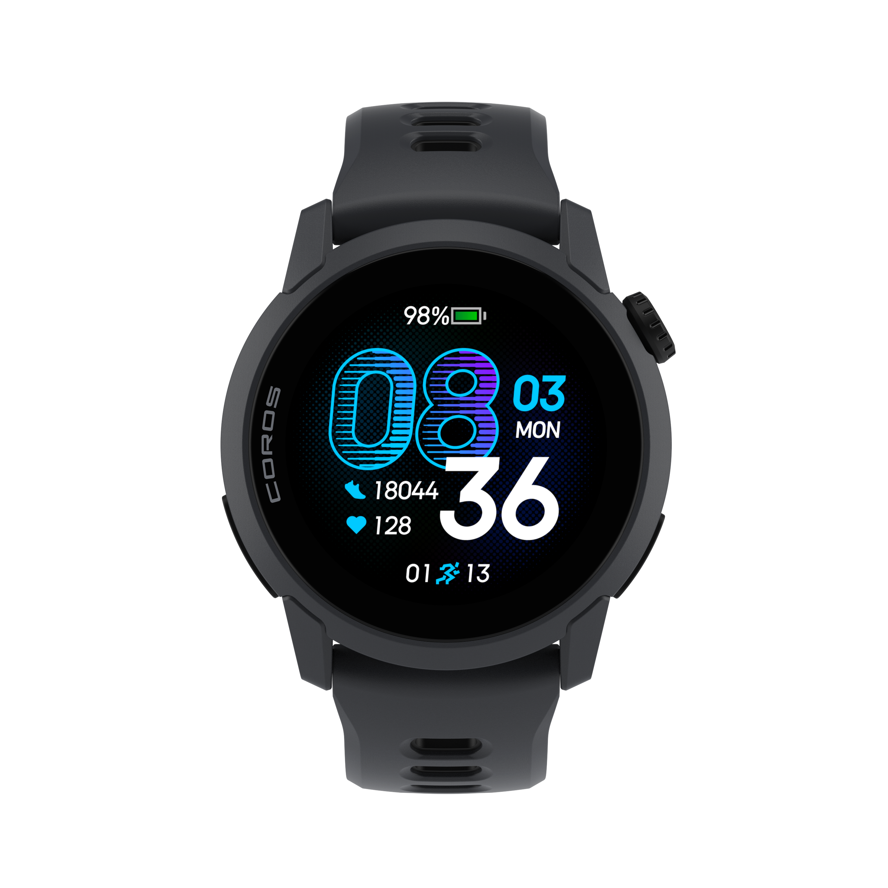 Smartwatch grigio con quadrante scuro mostra 98% batteria, ora 08:03