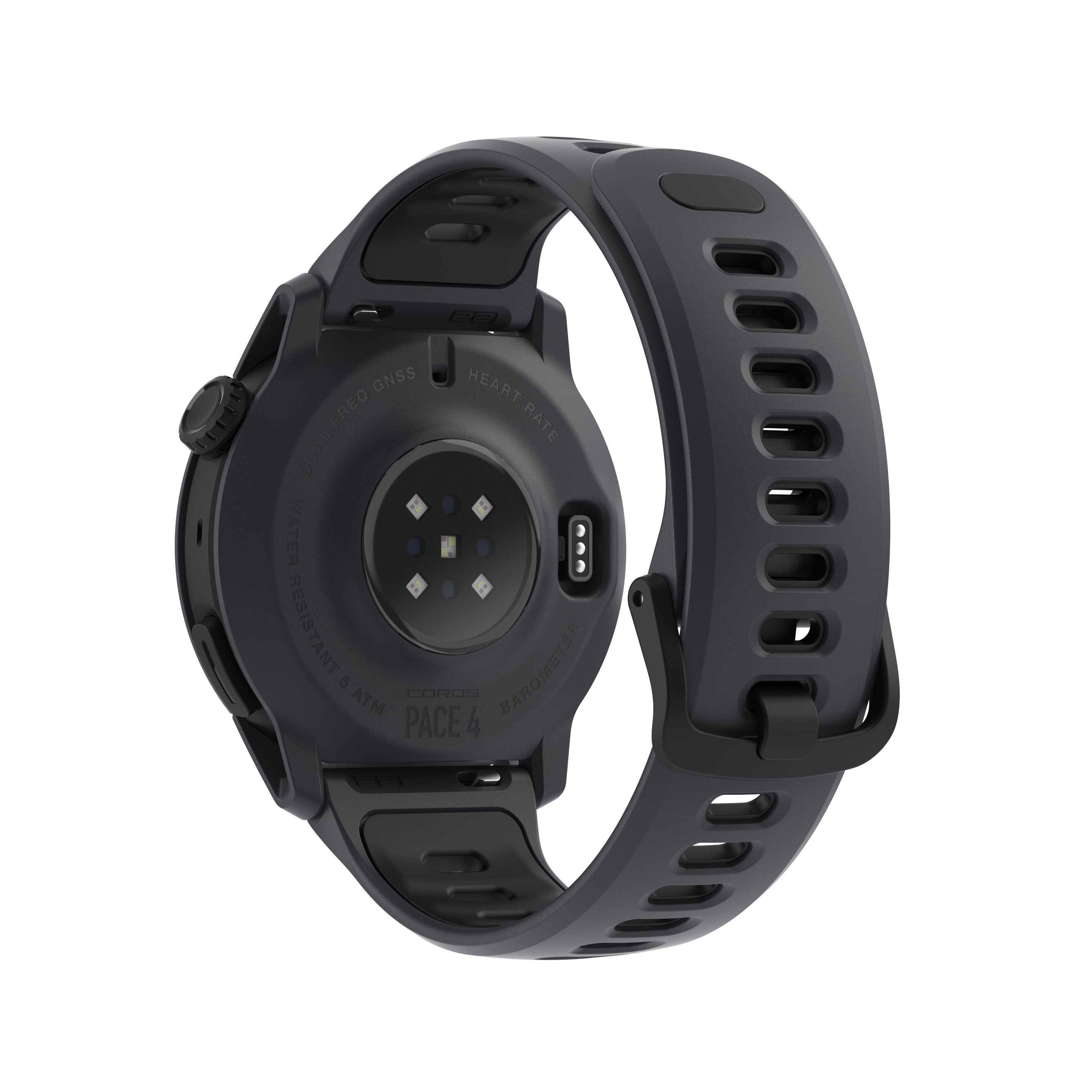 Uno smartwatch grigio con sensore di frequenza cardiaca e cinturino, su sfondo nero.
