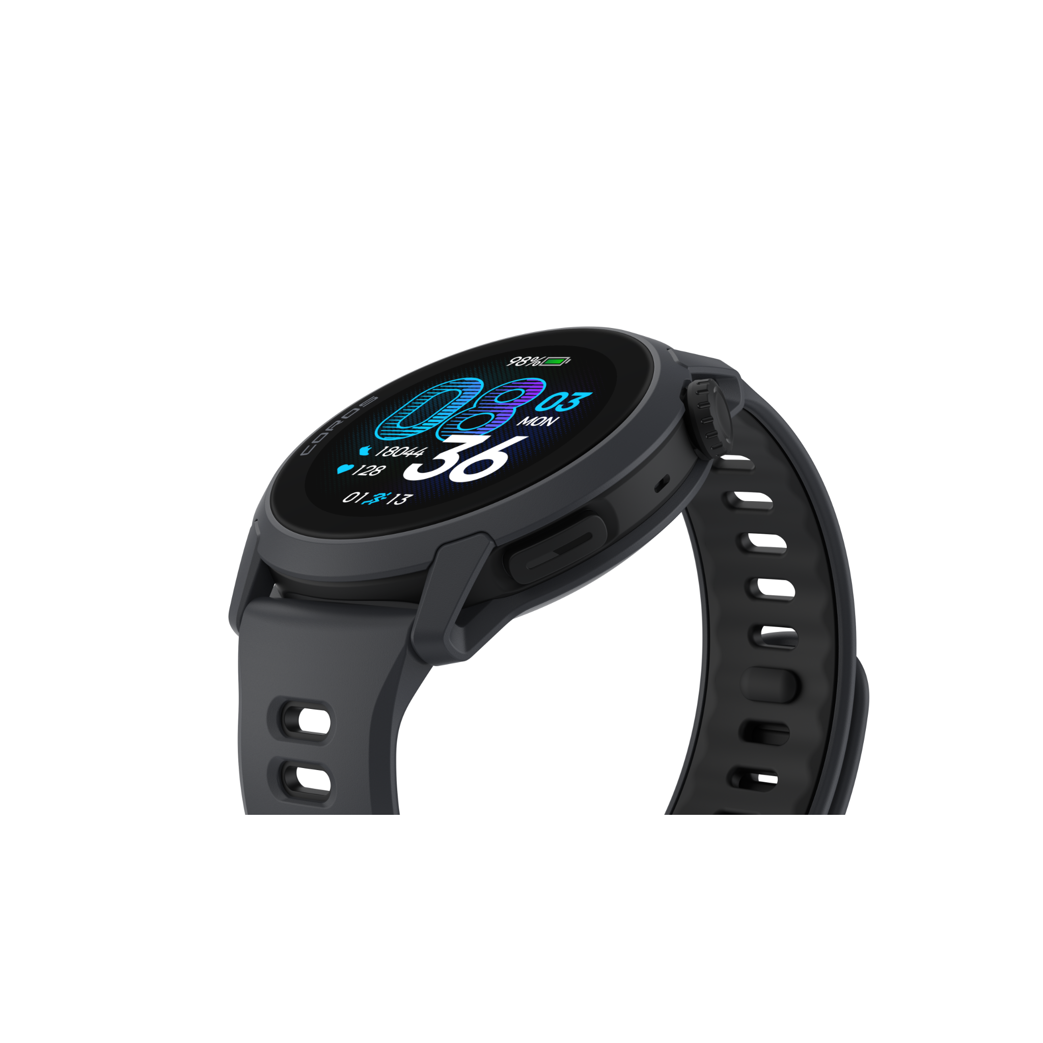 Smartwatch grigio scuro con cinturino nero. Visualizza 98% batteria, 08:03, lun, 18044 passi, 36 gradi.
