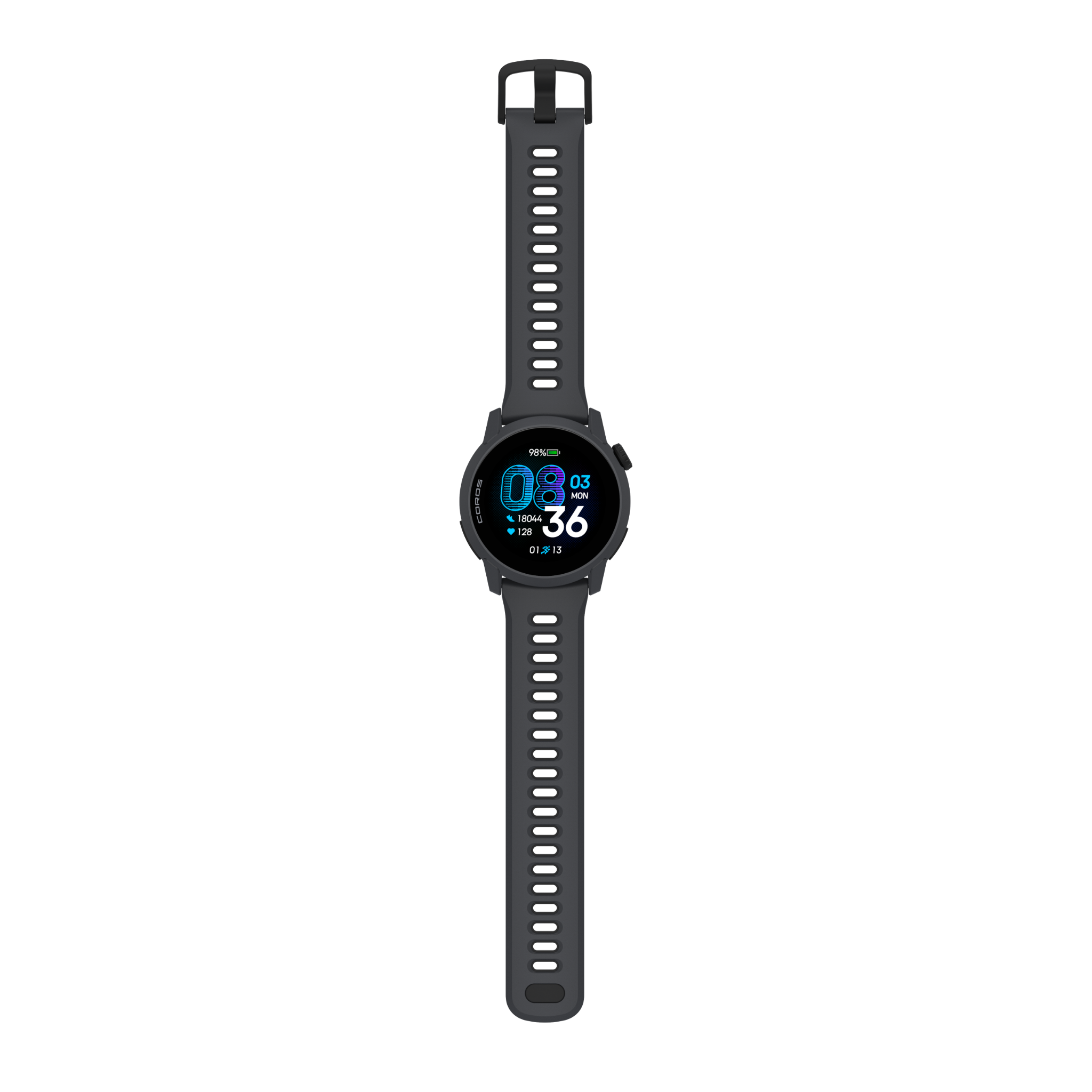 Smartwatch grigio con cinturino nero e display digitale. Ora 08:03.