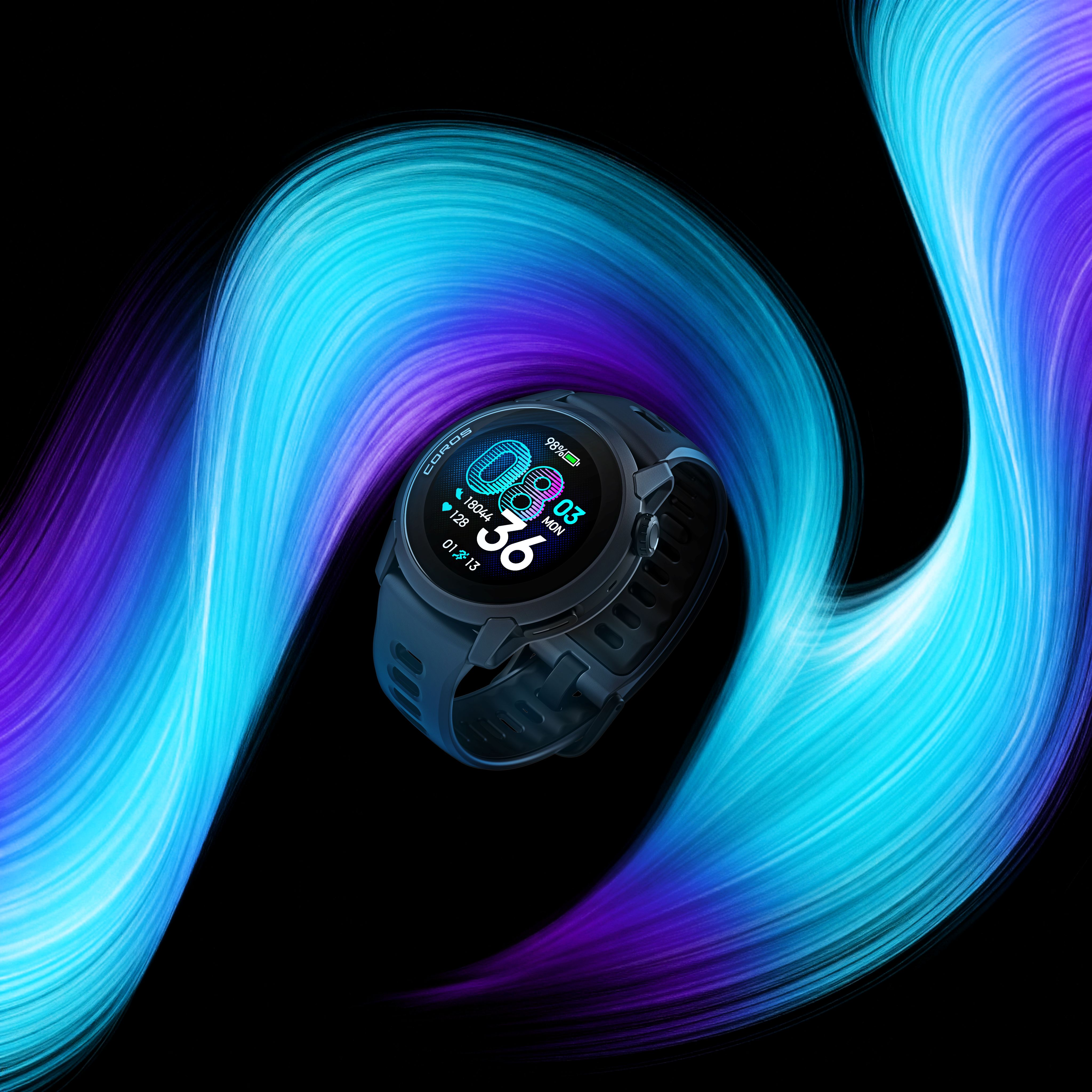Uno smartwatch scuro su uno sfondo di strisce luminose blu e viola.