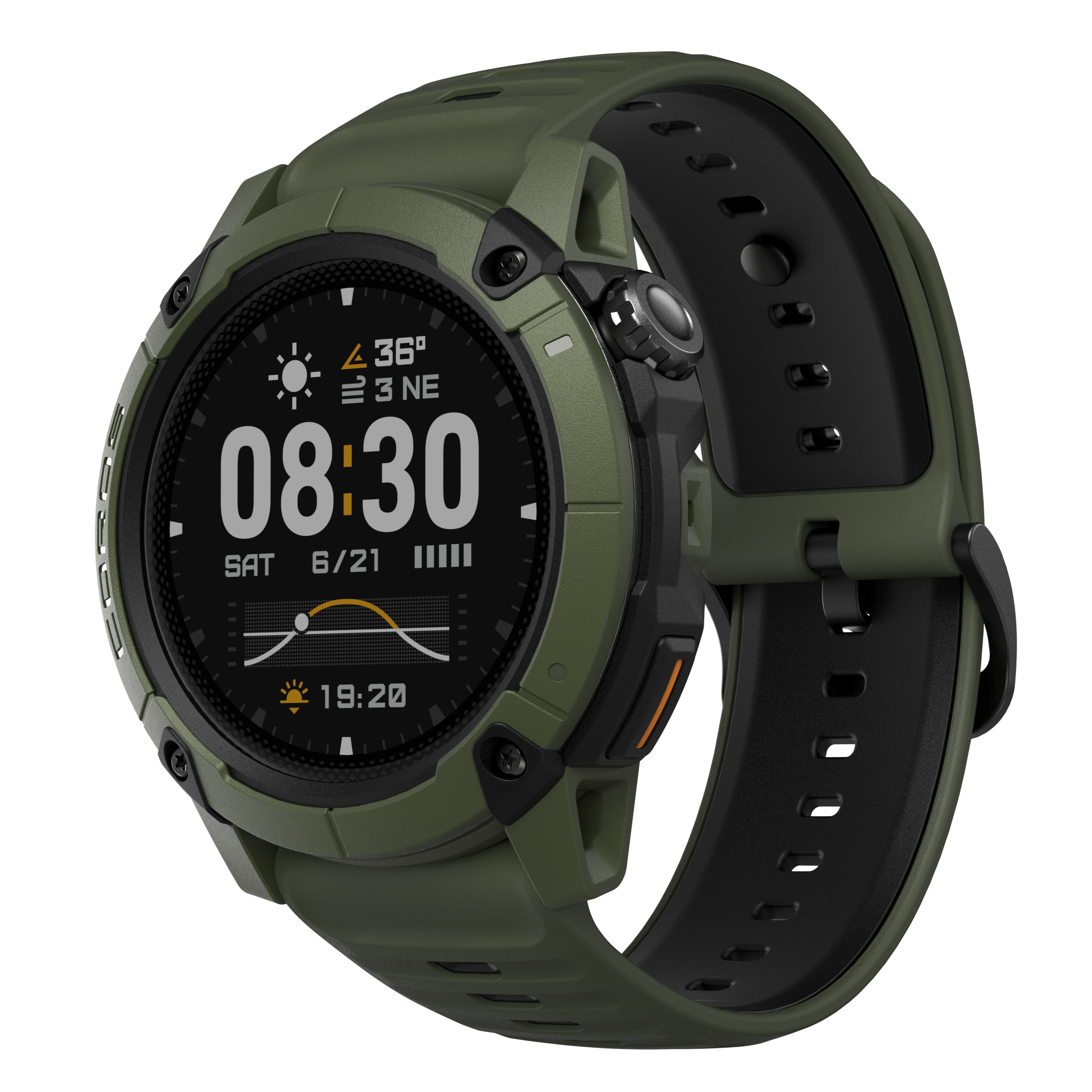 Orologio smart verde con cinturino nero, mostra l'ora 08:30, data e dati meteo.