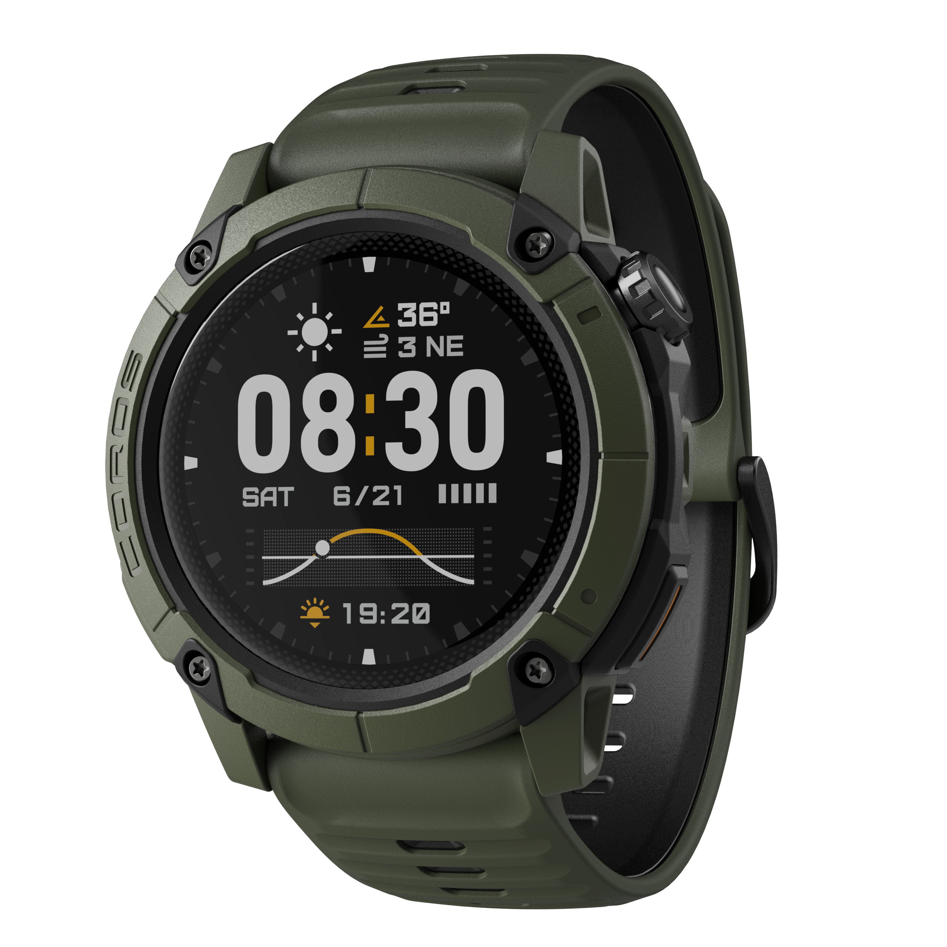 Uno smartwatch verde con quadrante nero che mostra 08:30, Sab 6/21, meteo e 19:20.