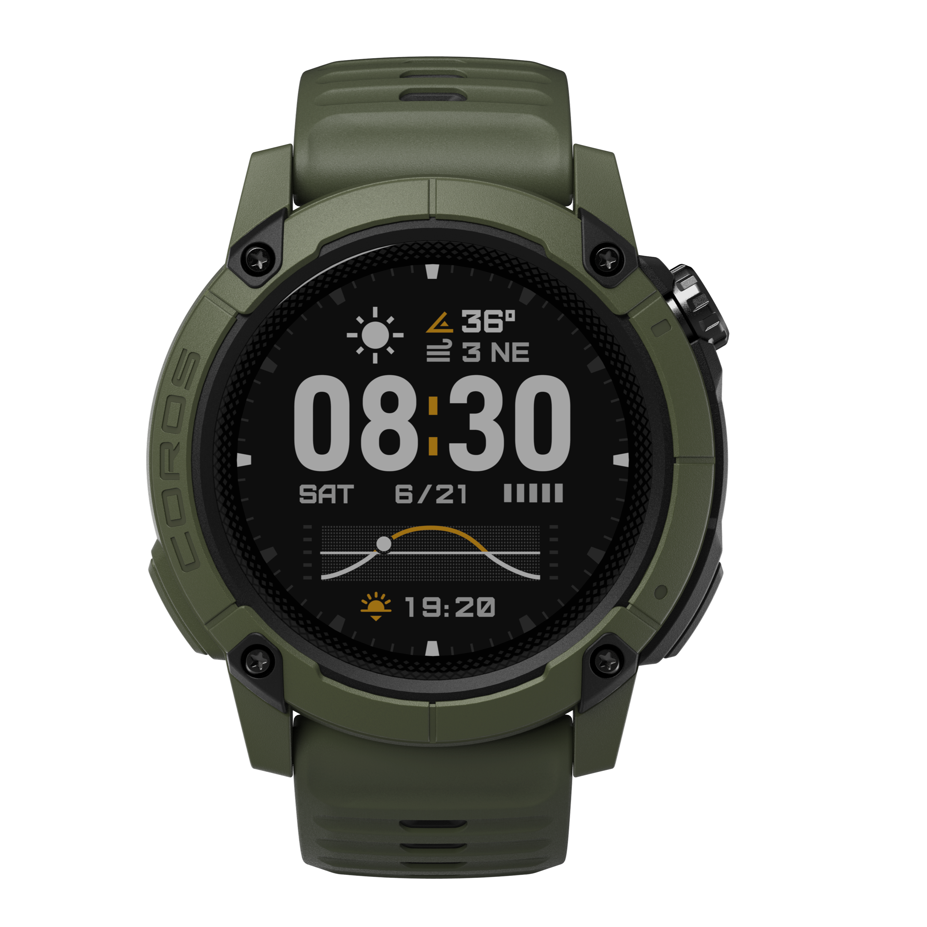 Smartwatch verde mostra 08:30, 36°, vento 3 NE, stato batteria.