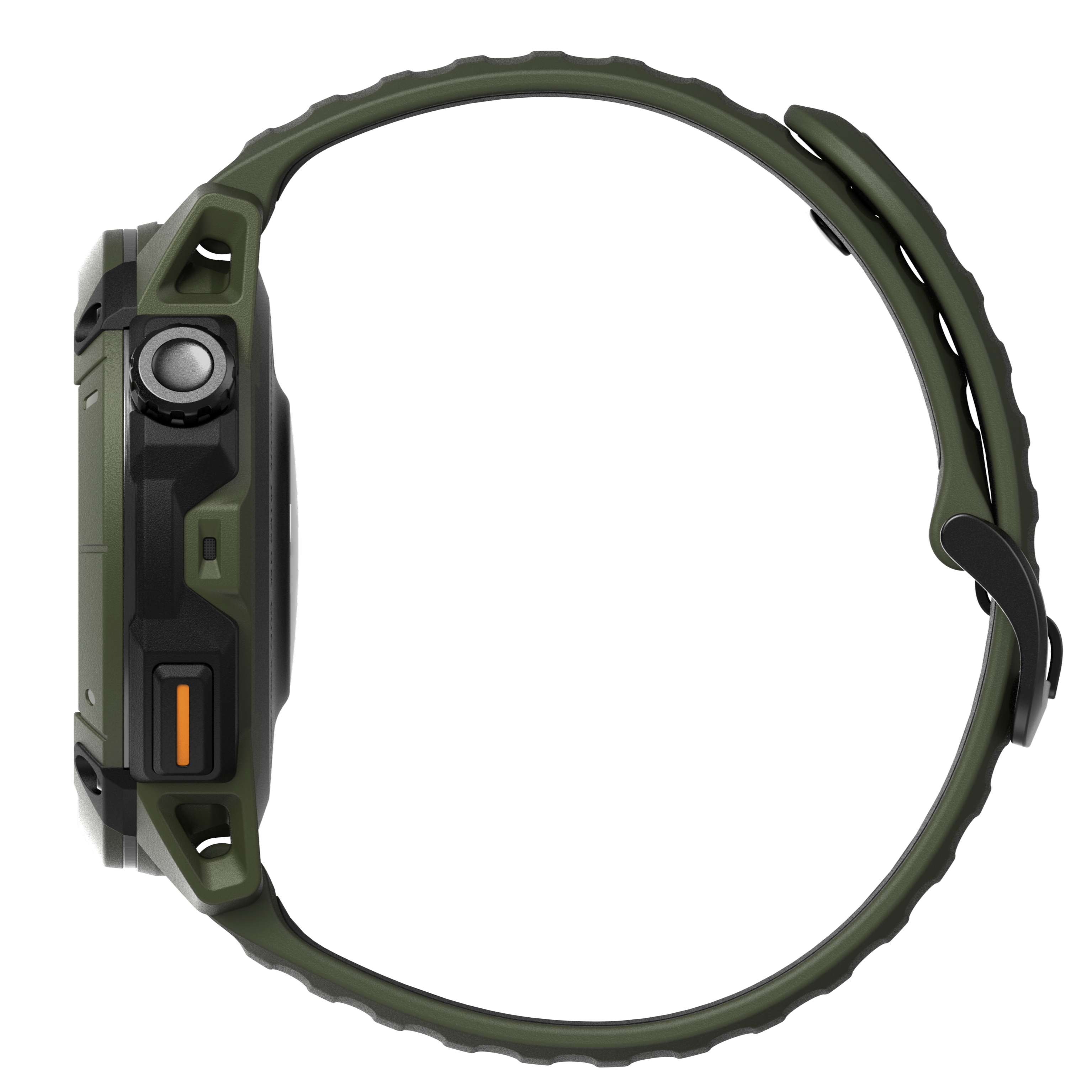 Orologio verde con pulsante e accento arancione, vista laterale.