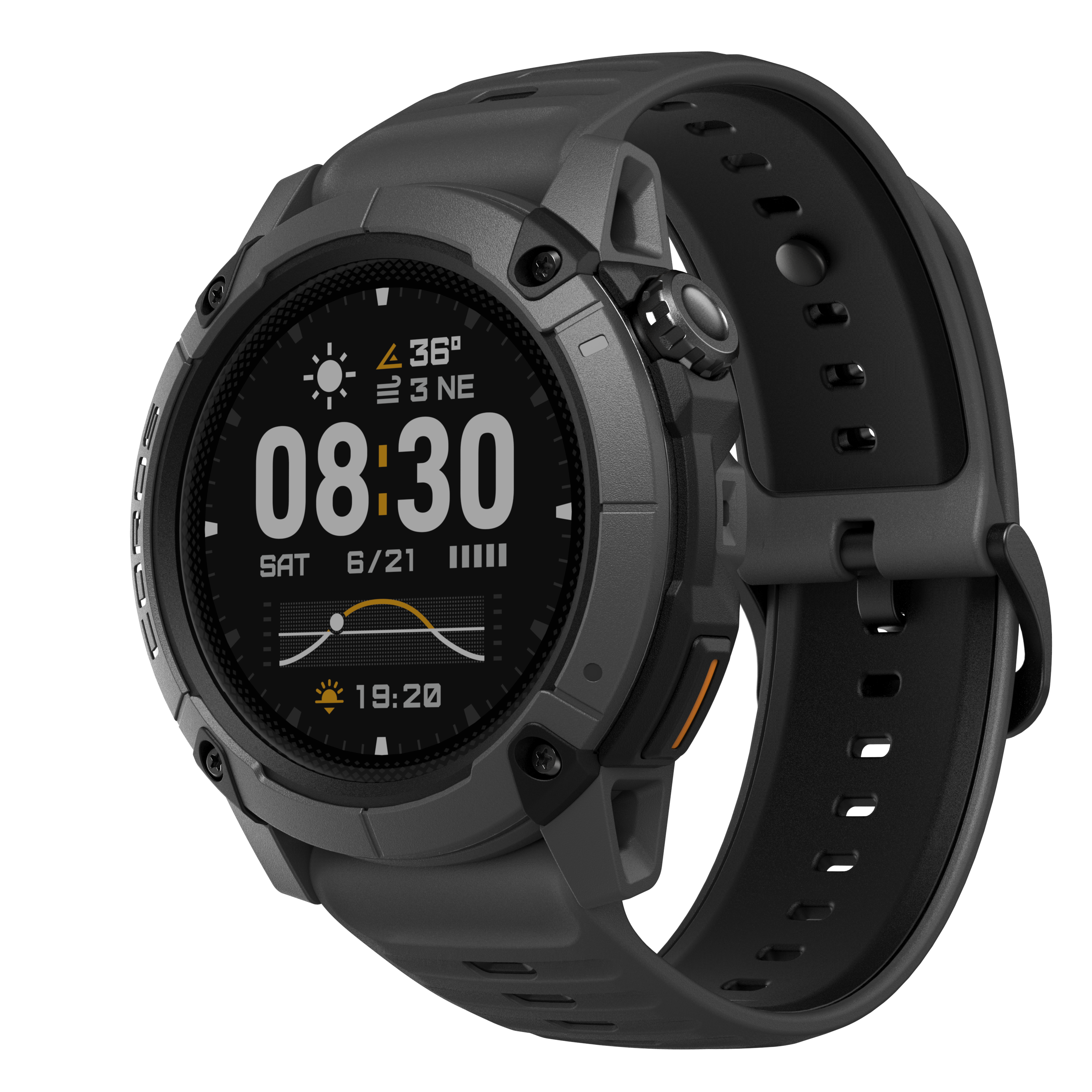 Uno smartwatch scuro con cinturino nero mostra le 08:30, data e icone meteo.