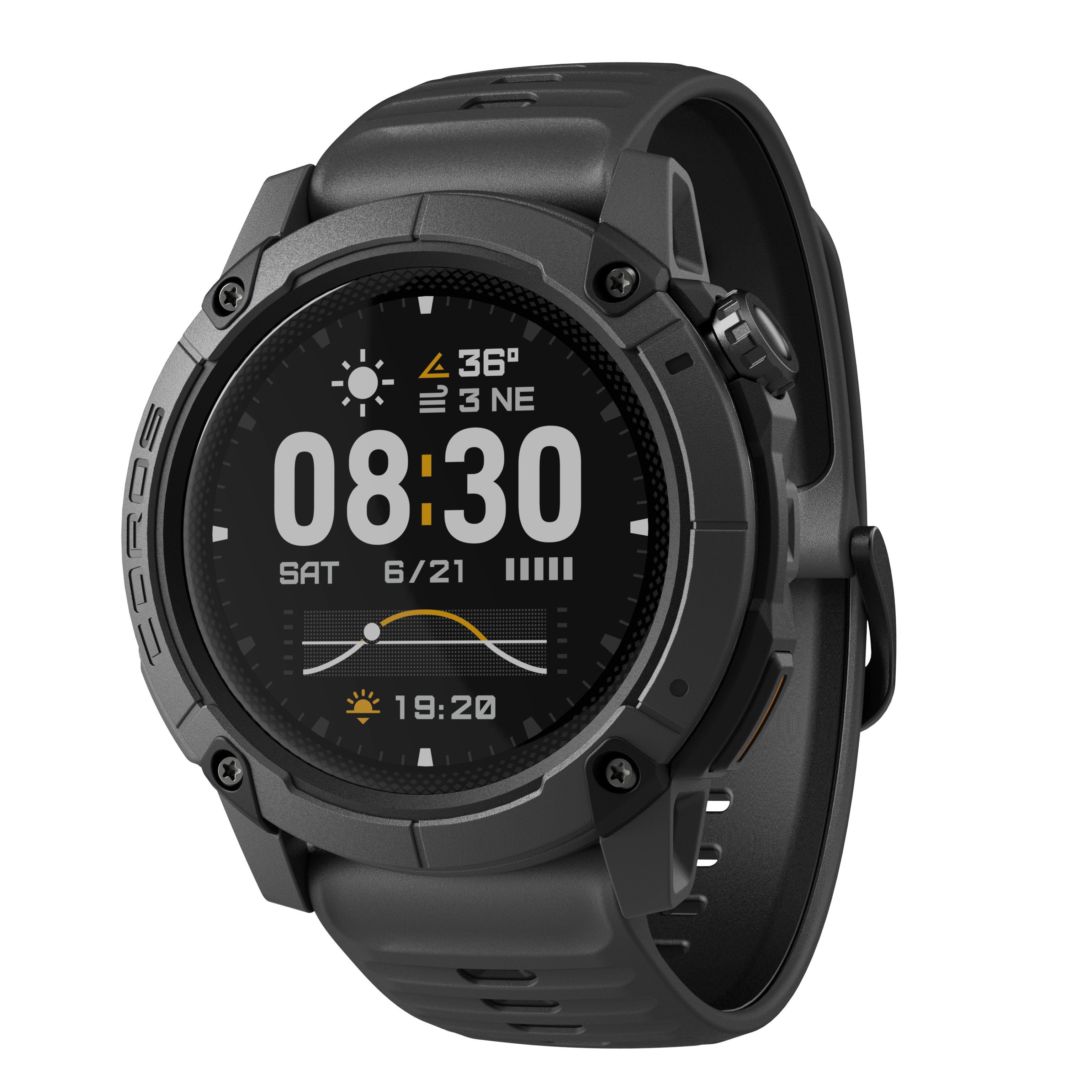 Smartwatch grigio scuro mostra 8:30, meteo e data su schermo digitale.