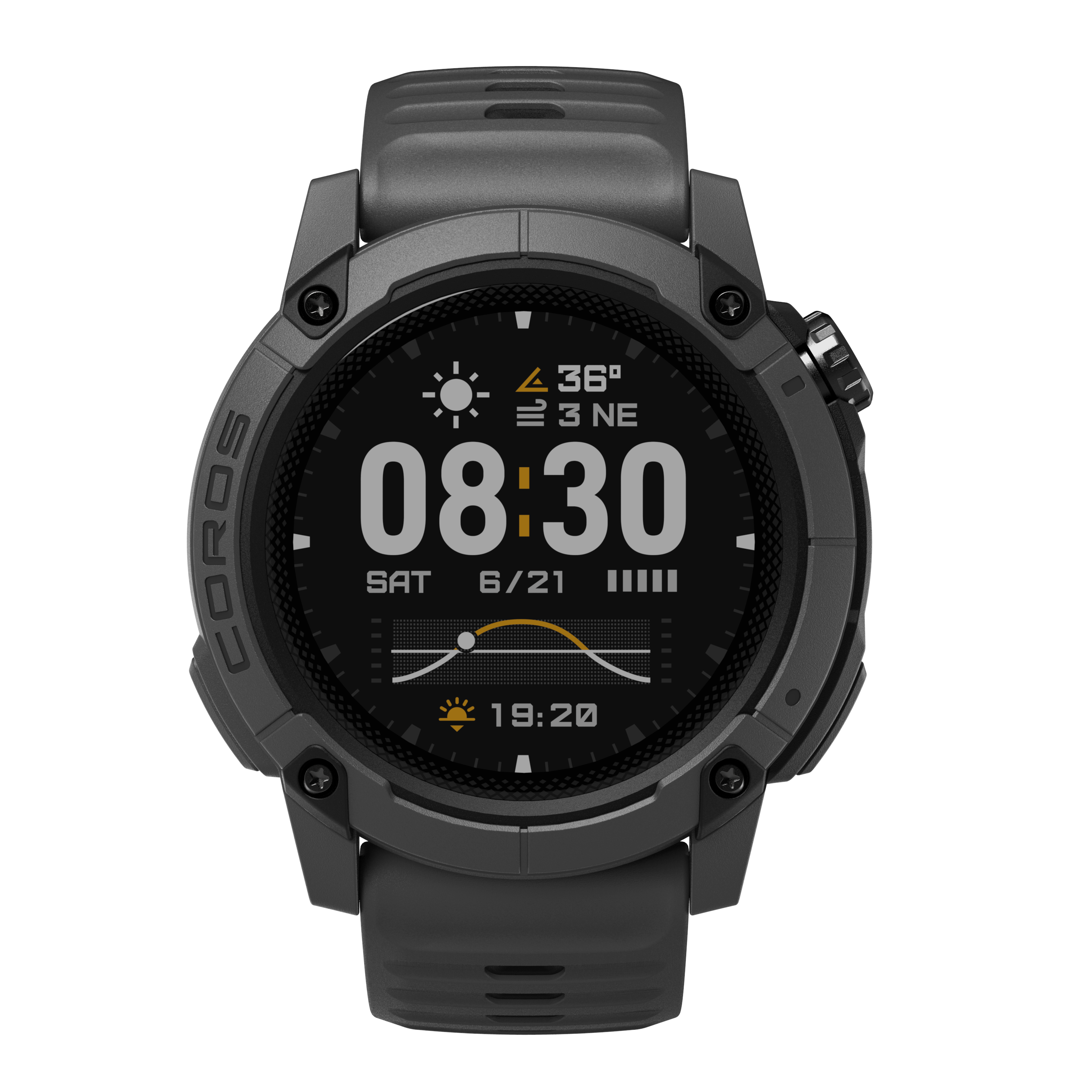 Smartwatch grigio con display digitale: 08:30, Sab 6/21, meteo 36°, 19:20.