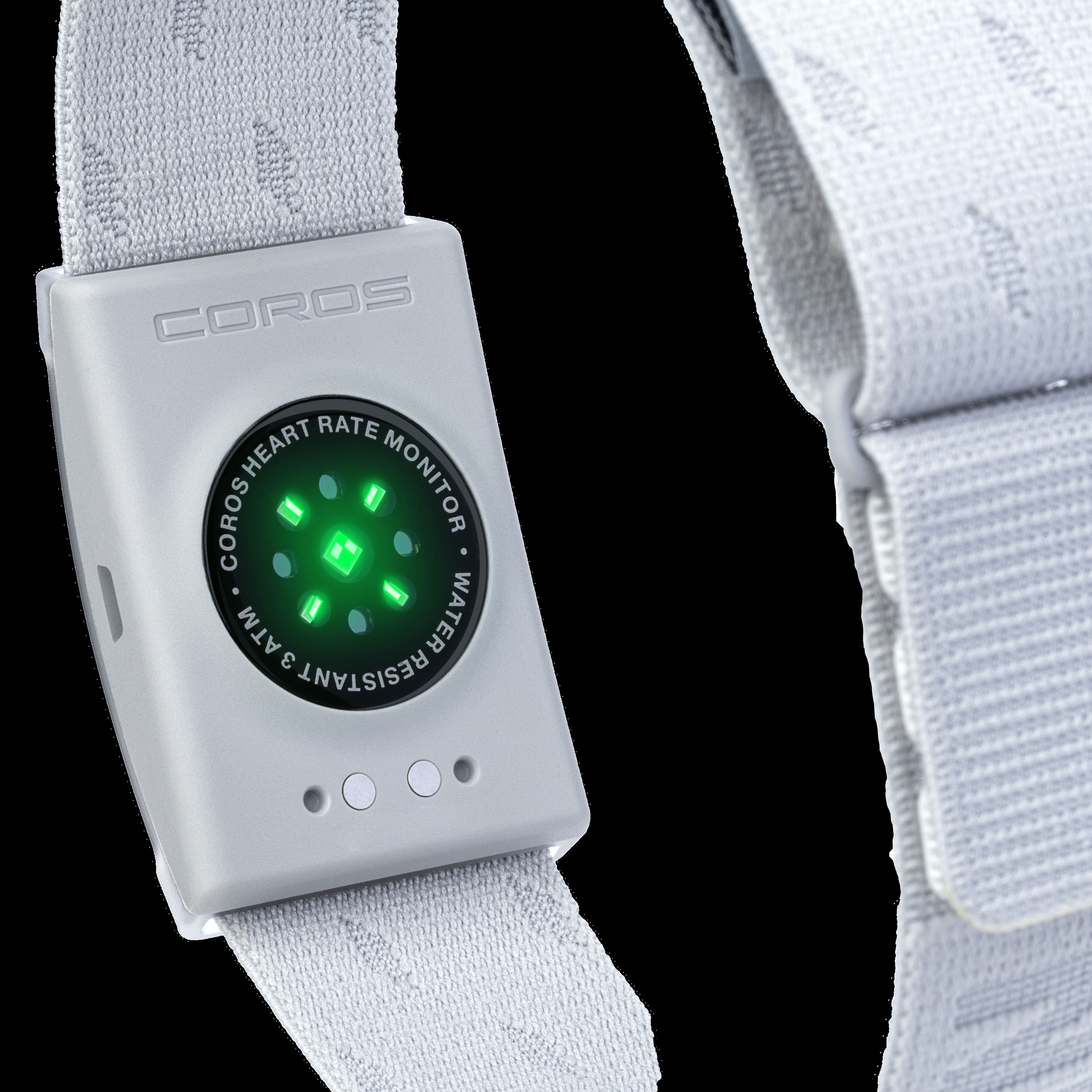 Un cardiofrequenzimetro COROS grigio con LED verdi luminosi, fissato a una cinghia di tessuto.