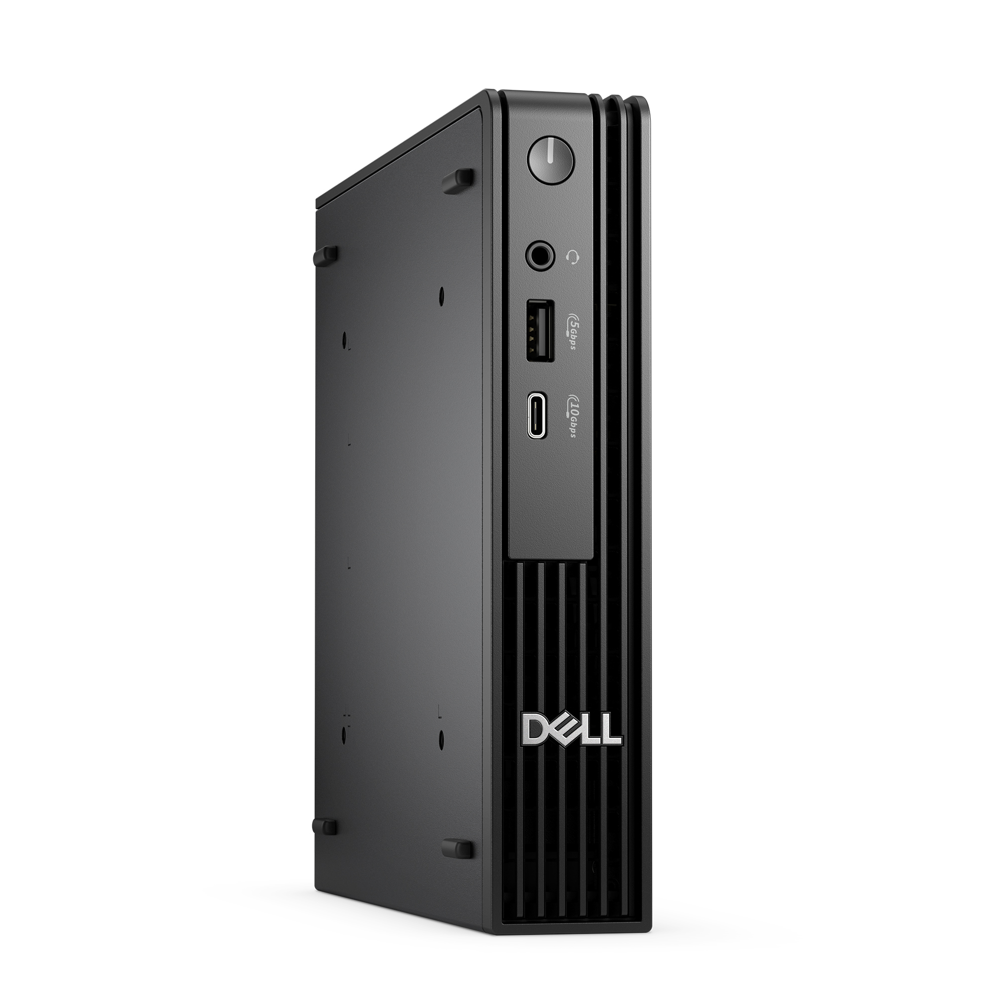 Ön USB ve ses bağlantı noktalarına sahip siyah Dell mini PC.