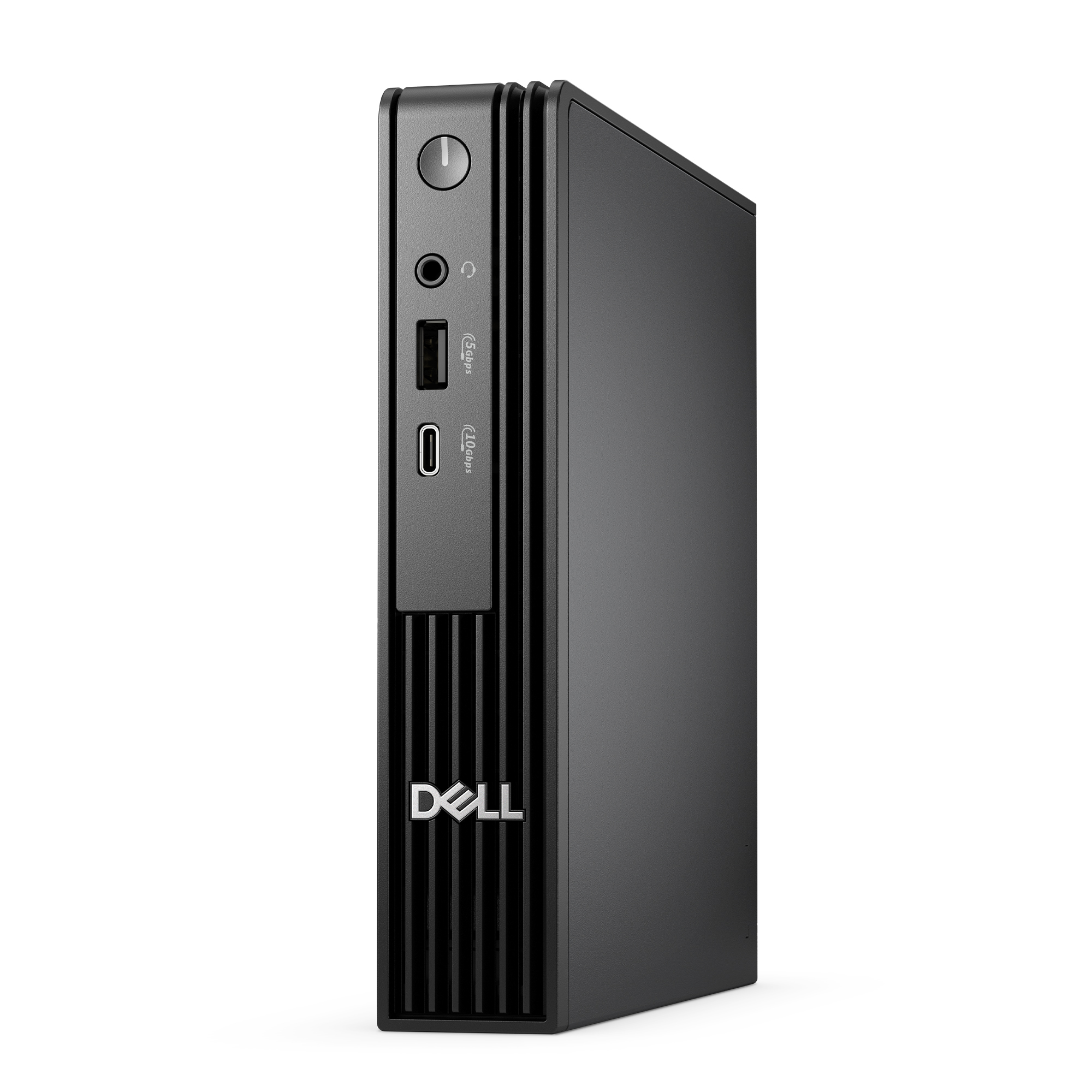 Portlar ve logo içeren siyah Dell mini PC, beyaz arka plan üzerinde.