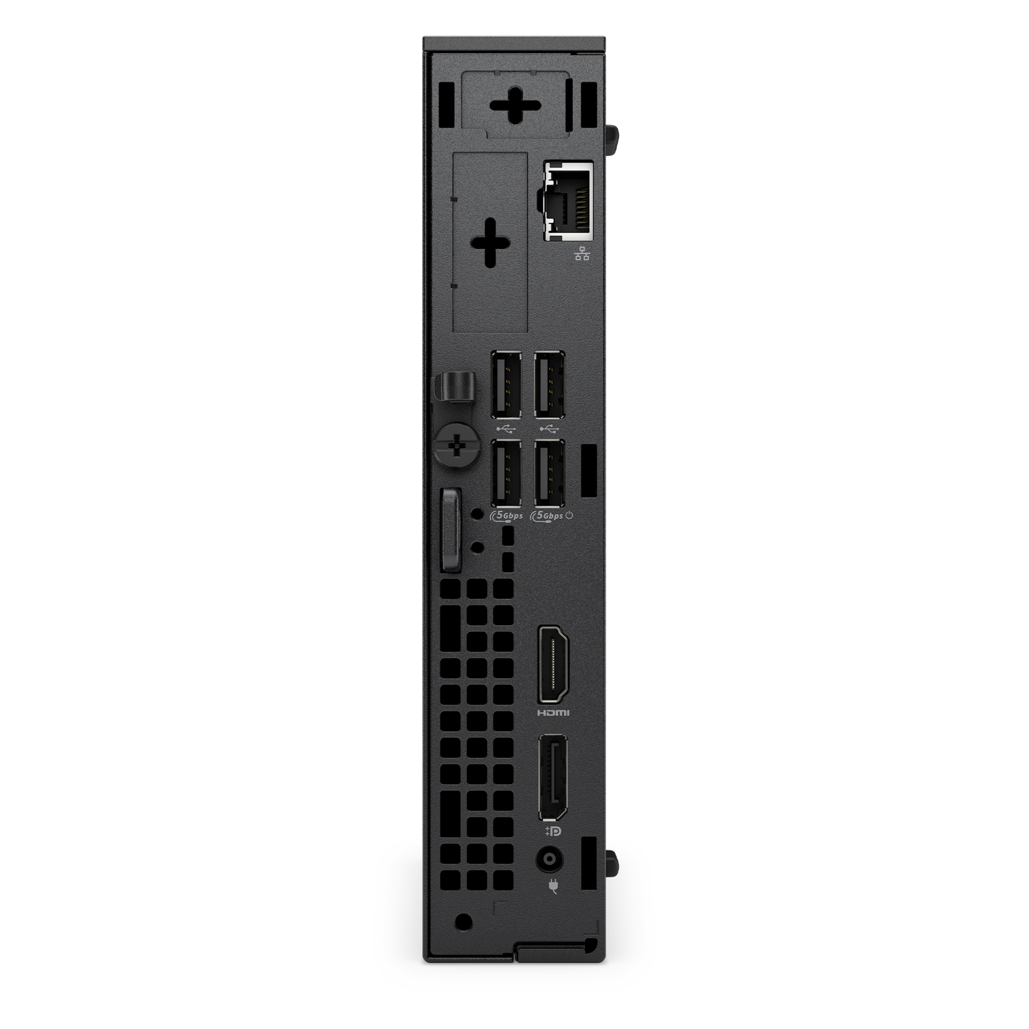 Siyah bilgisayar kasasının arka paneli: Ethernet, 4 USB bağlantı noktası, HDMI, DisplayPort, ses jakı.