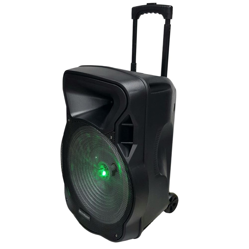 Yeşil LED ışıklı, uzatılabilir kulplu ve tekerlekli siyah taşınabilir hoparlör.