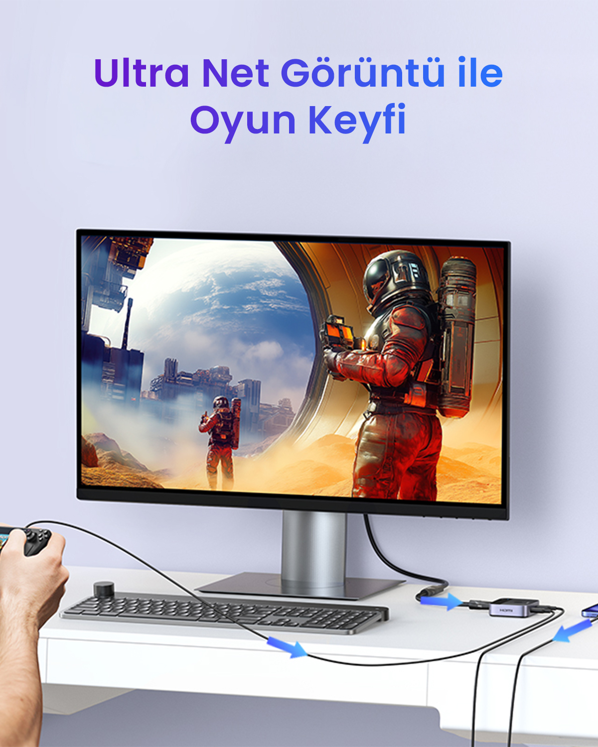 Un astronauta in tuta rossa davanti a una scena futuristica su un monitor.