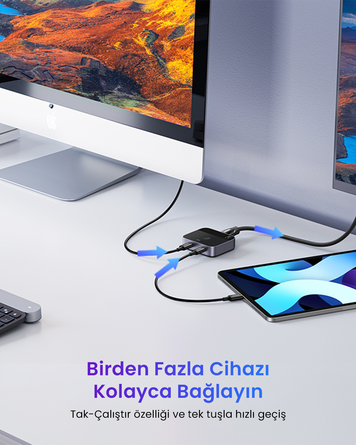 Uno switch multi-dispositivo collega un tablet e monitor a un computer.