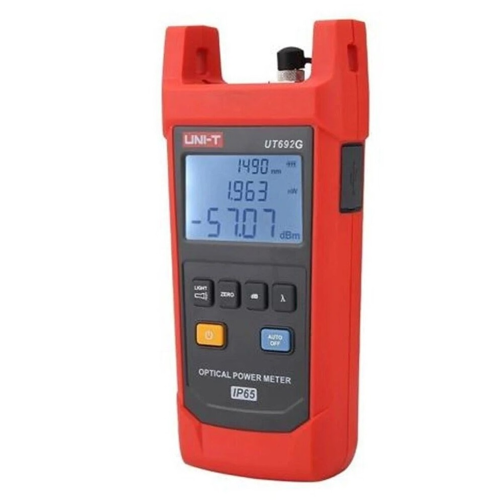 Dijital ekranlı kırmızı bir UNI-T UT692G optik güç ölçer.