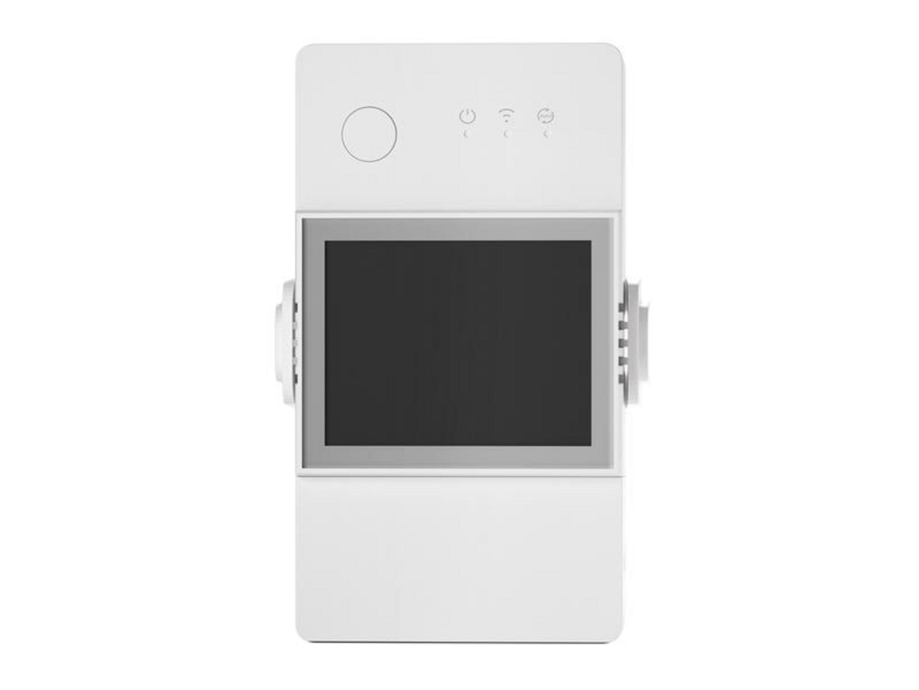 Białe urządzenie z ciemnym ekranem i ikonami na górze.