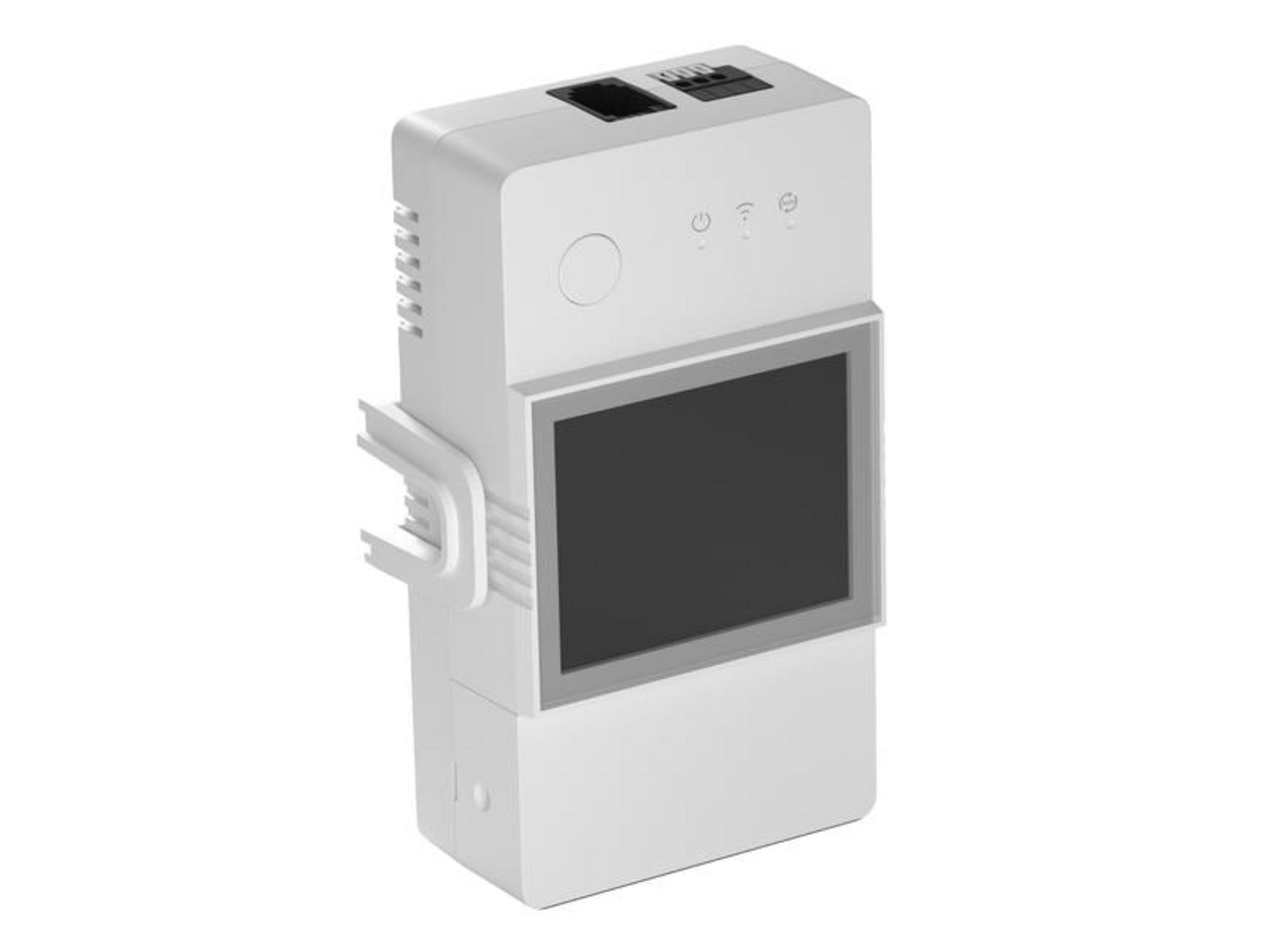 Białe urządzenie elektroniczne z ekranem i portami.