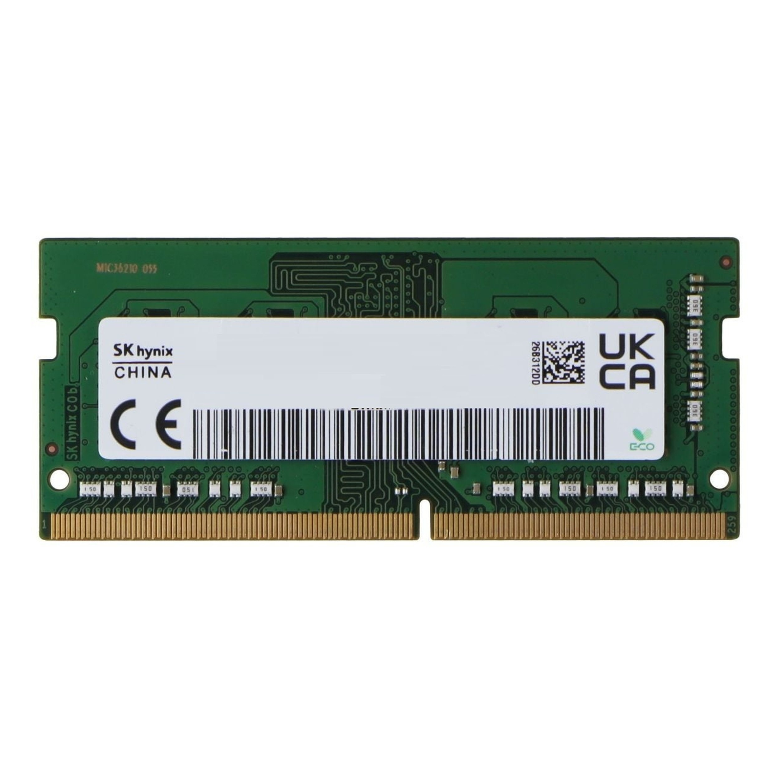 Scheda a circuito stampato verde con marchio SK Hynix, sigilli CE e UKCA, e contatti.