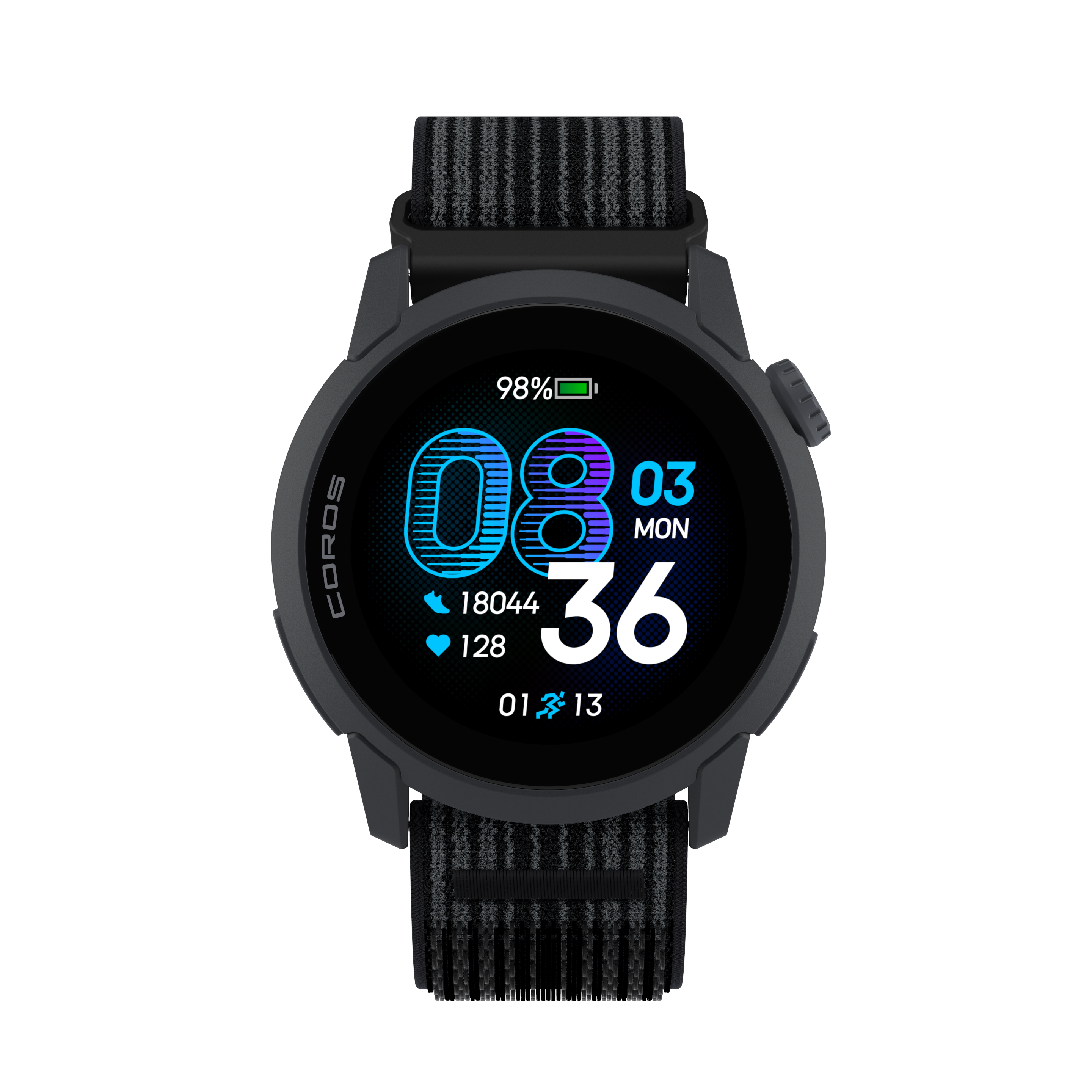Smartwatch grigio con cinturino a righe mostra 98% batteria, ore 08:03, 18044 passi, 128 battiti.