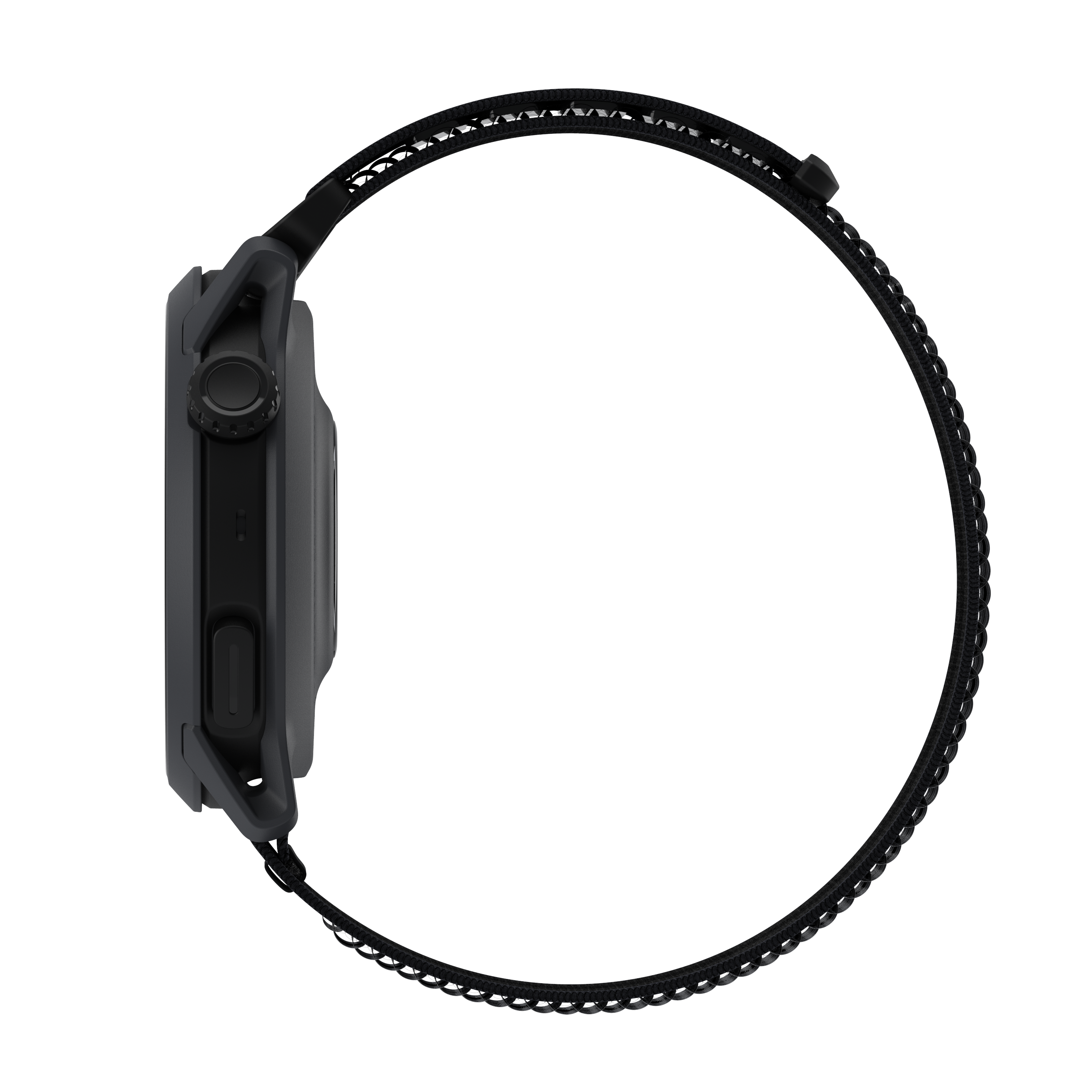 Orologio smart grigio con cinturino nero, su sfondo nero.