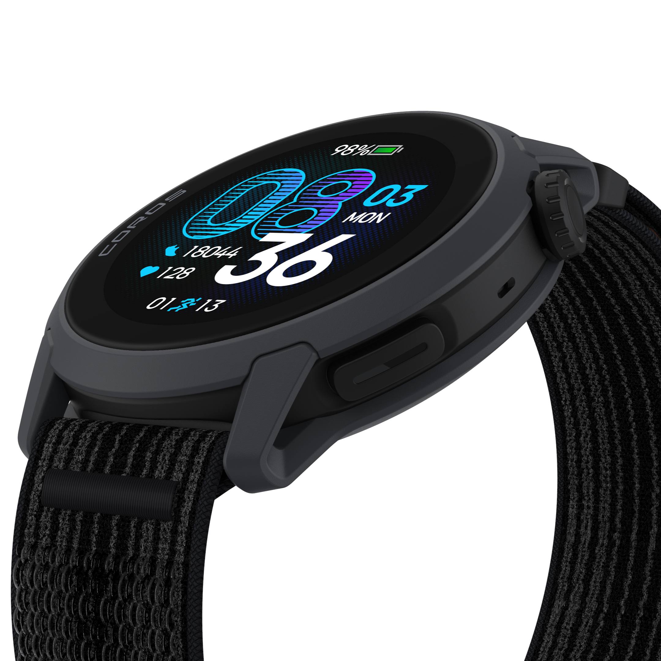 Smartwatch grigio con cinturino nero, mostra 98% batteria, 18044 passi, 128 battiti, ore 01:3:13.