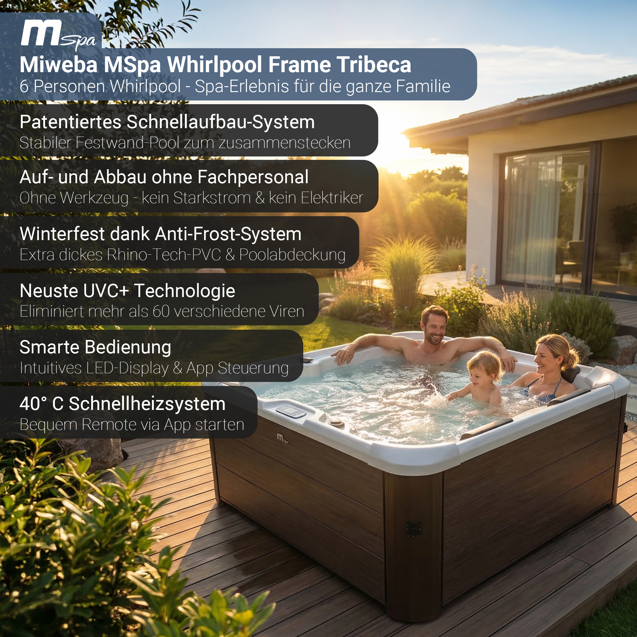 Familie entspannt im Miweba MSpa Whirlpool mit Sonnenschein und Haus im Hintergrund.