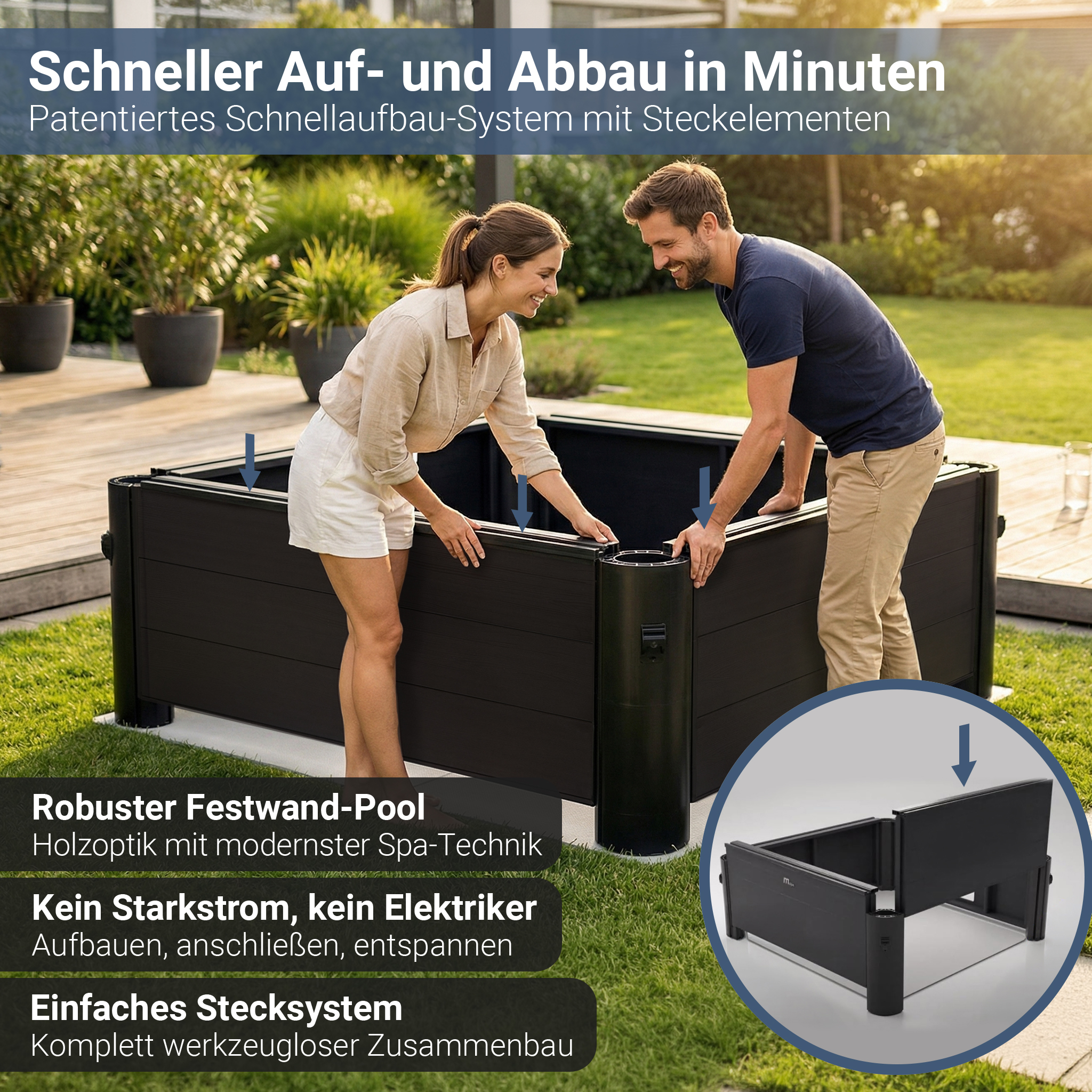 Mann und Frau bauen einen schwarzen Pool im Garten auf. Schneller Aufbau.