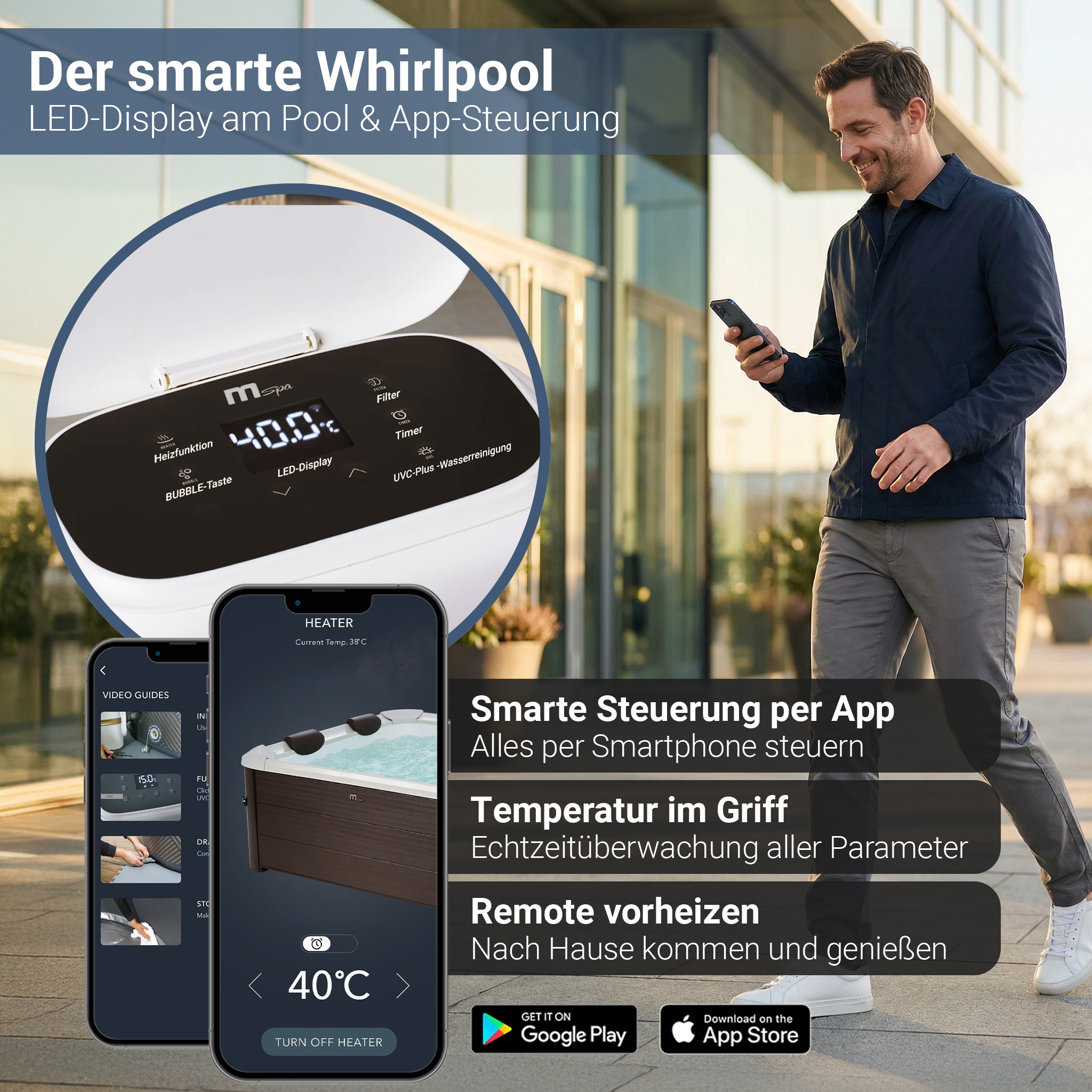 Mann mit Smartphone steuert Whirlpool per App. LED-Display zeigt 40°C an.