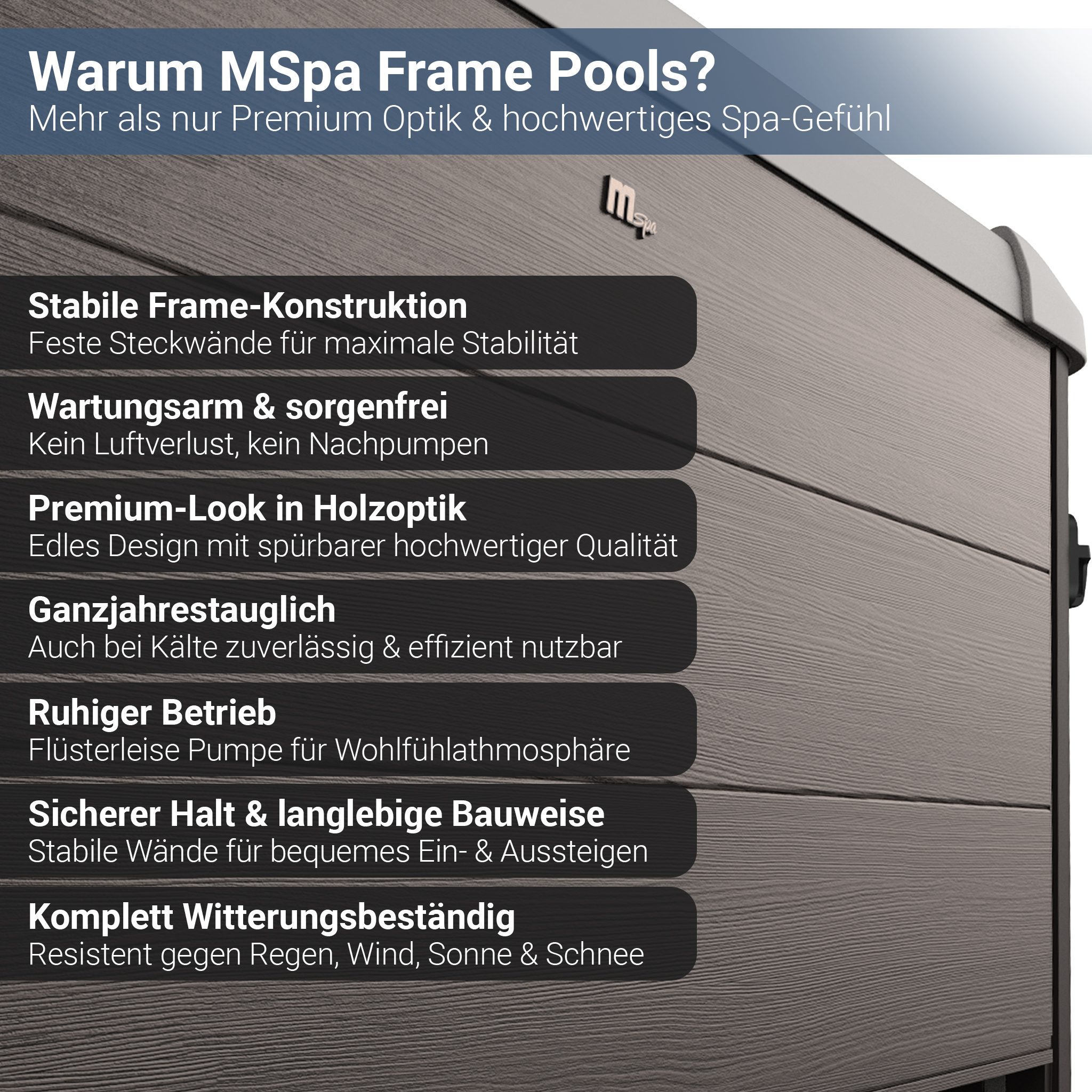 Grauer Whirlpool mit Textfeldern, die Merkmale auflisten.