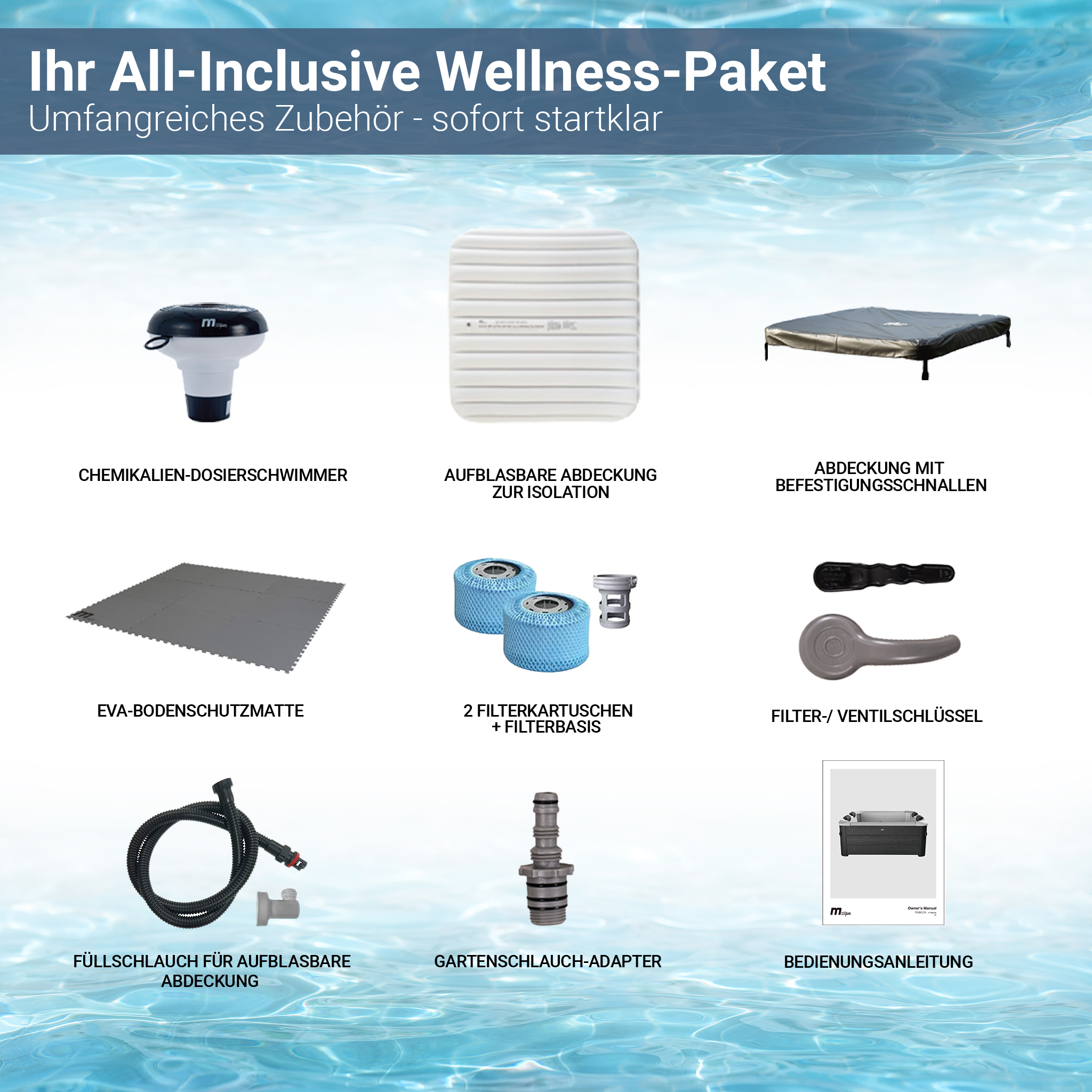 Wellness-Paket Zubehör: Chemikalien-Schwimmer, aufblasbare Abdeckung, Abdeckung, Bodenmatte, Filter, Schlüssel, Schlauch, Adapter, Anleitung.