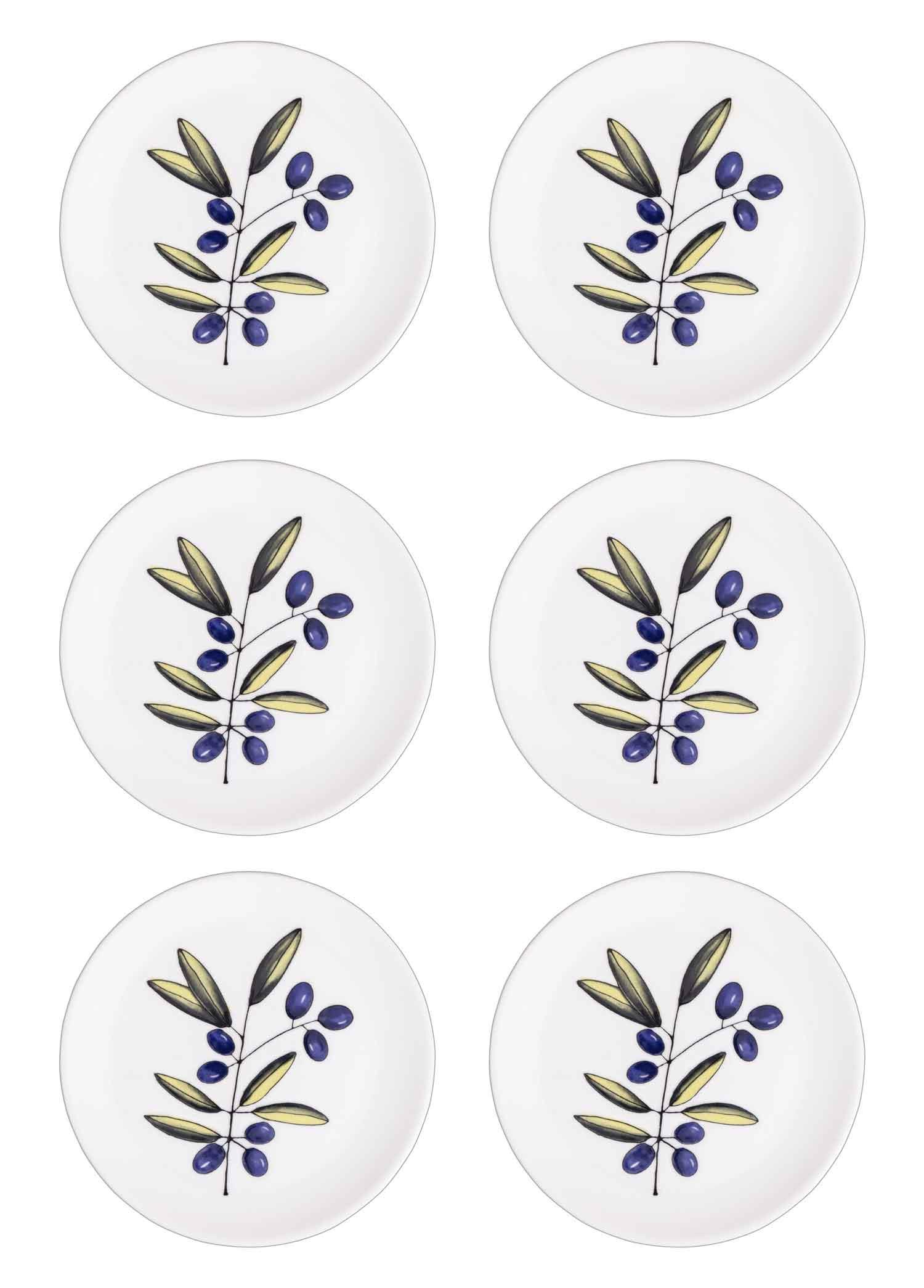 Zeytin dalı tasarımlı altı beyaz tabak.