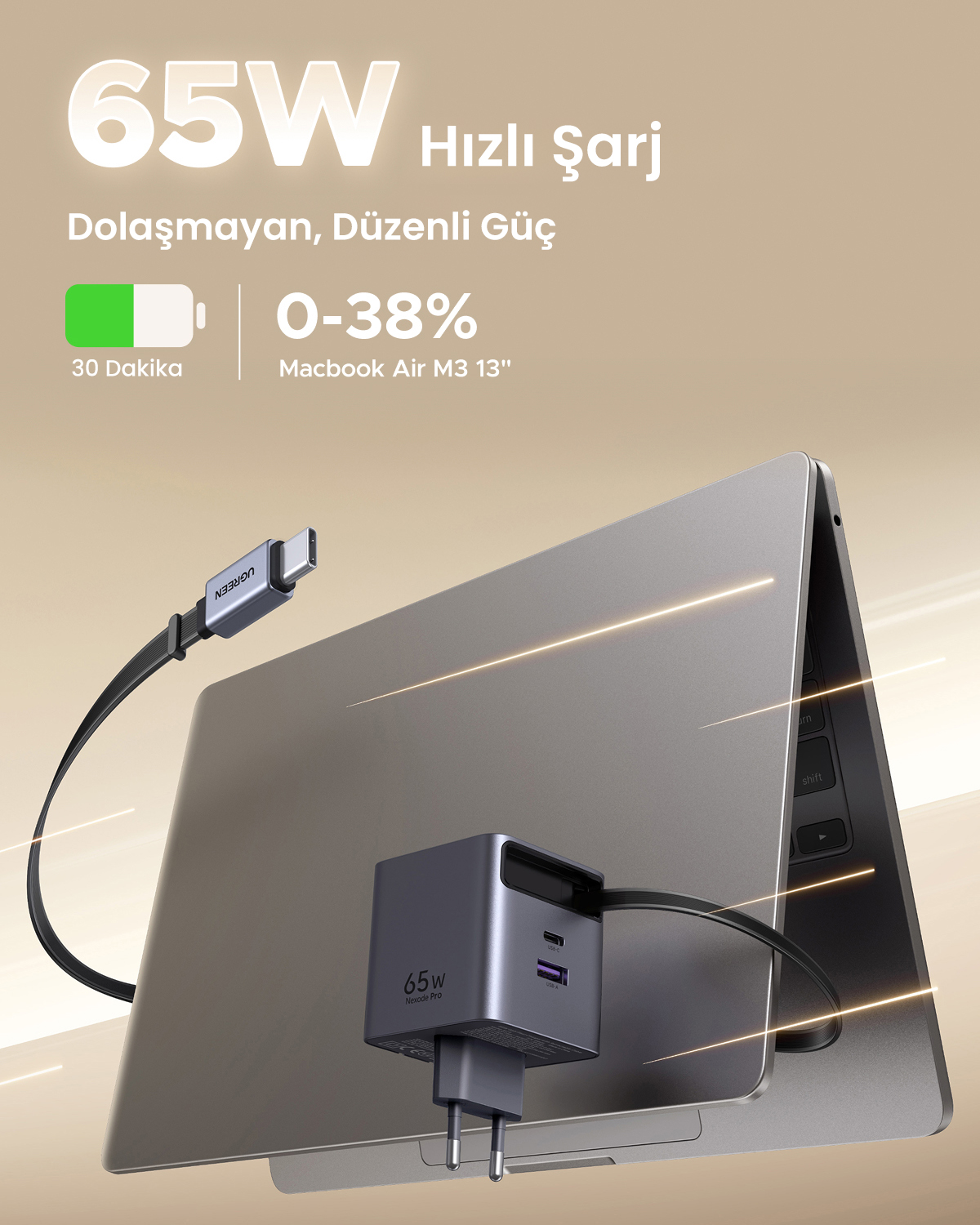 Gri 65W laptop şarj cihazı MacBook Air M3'e bağlı, 30 dkda %0-38 şarj eder.