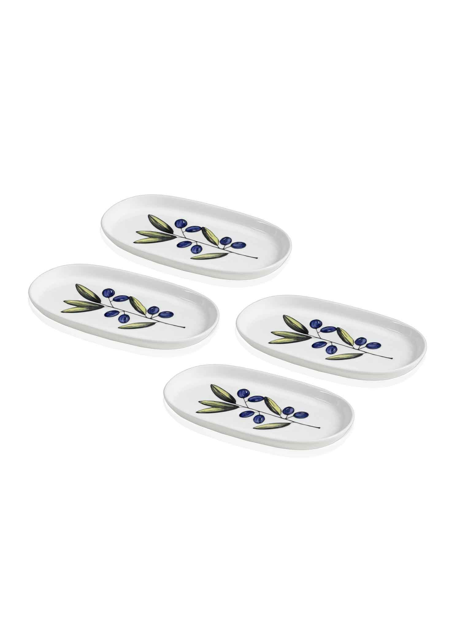 Zeytin dalı desenli dört oval beyaz tabak.