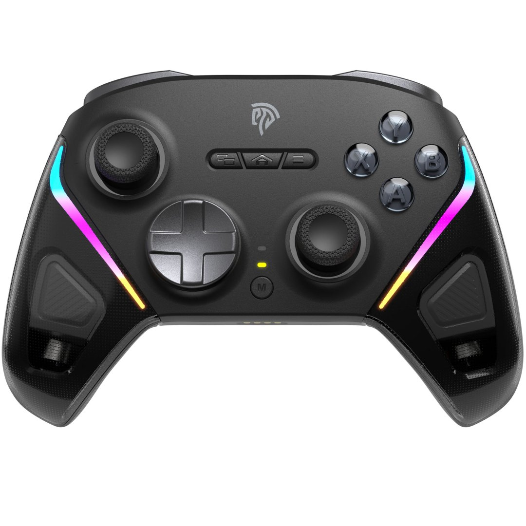 Czarny kontroler do gier z oświetleniem RGB po bokach i srebrnymi przyciskami.