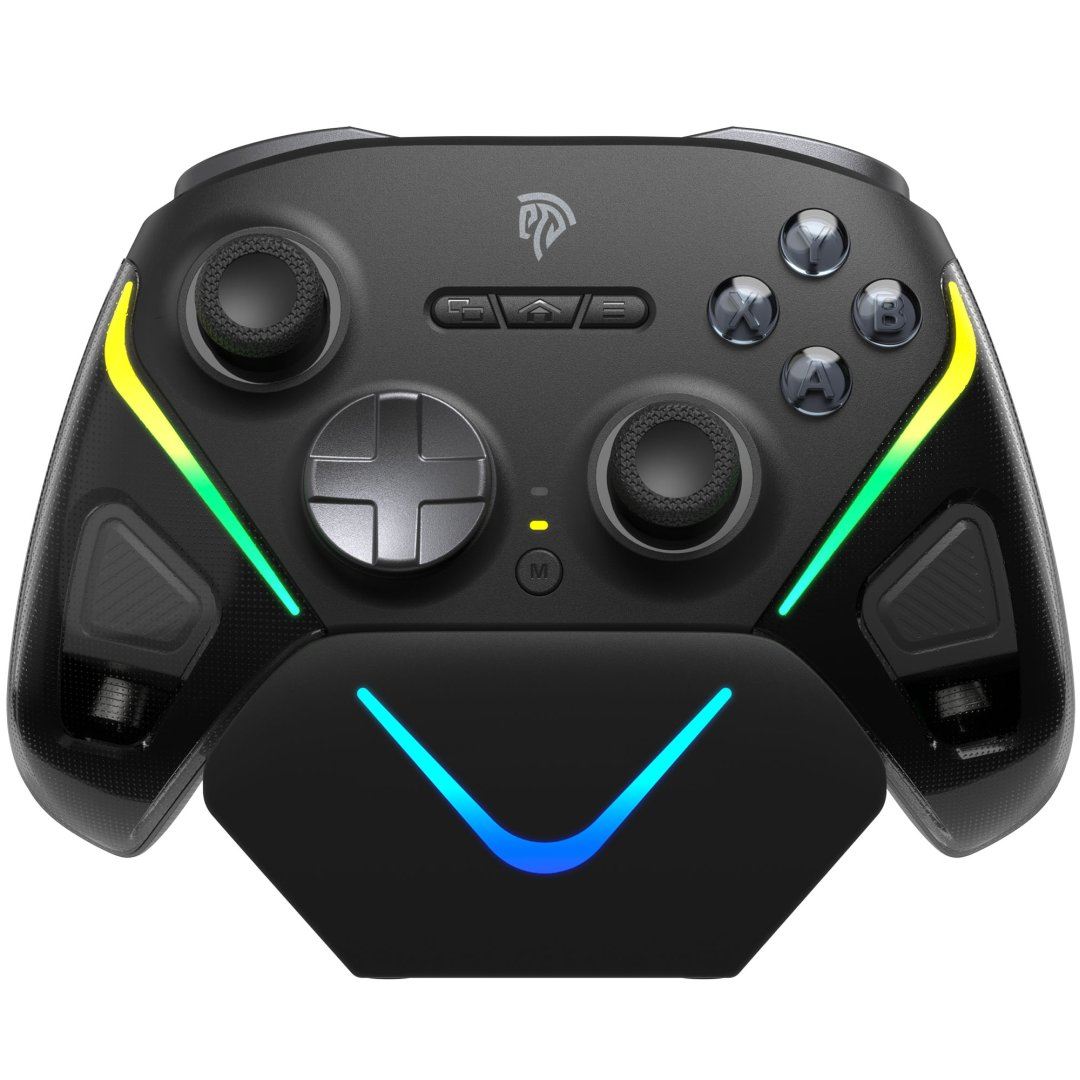 Czarny kontroler do gier z kolorowymi światłami, joystickami, przyciskami i logo.