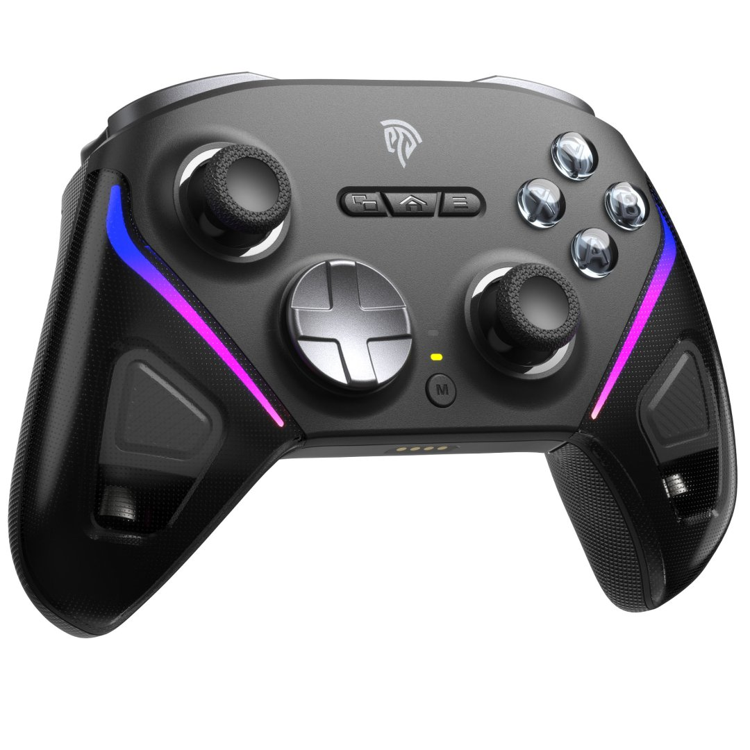 Czarny kontroler do gier z oświetleniem RGB i podświetlanymi przyciskami.