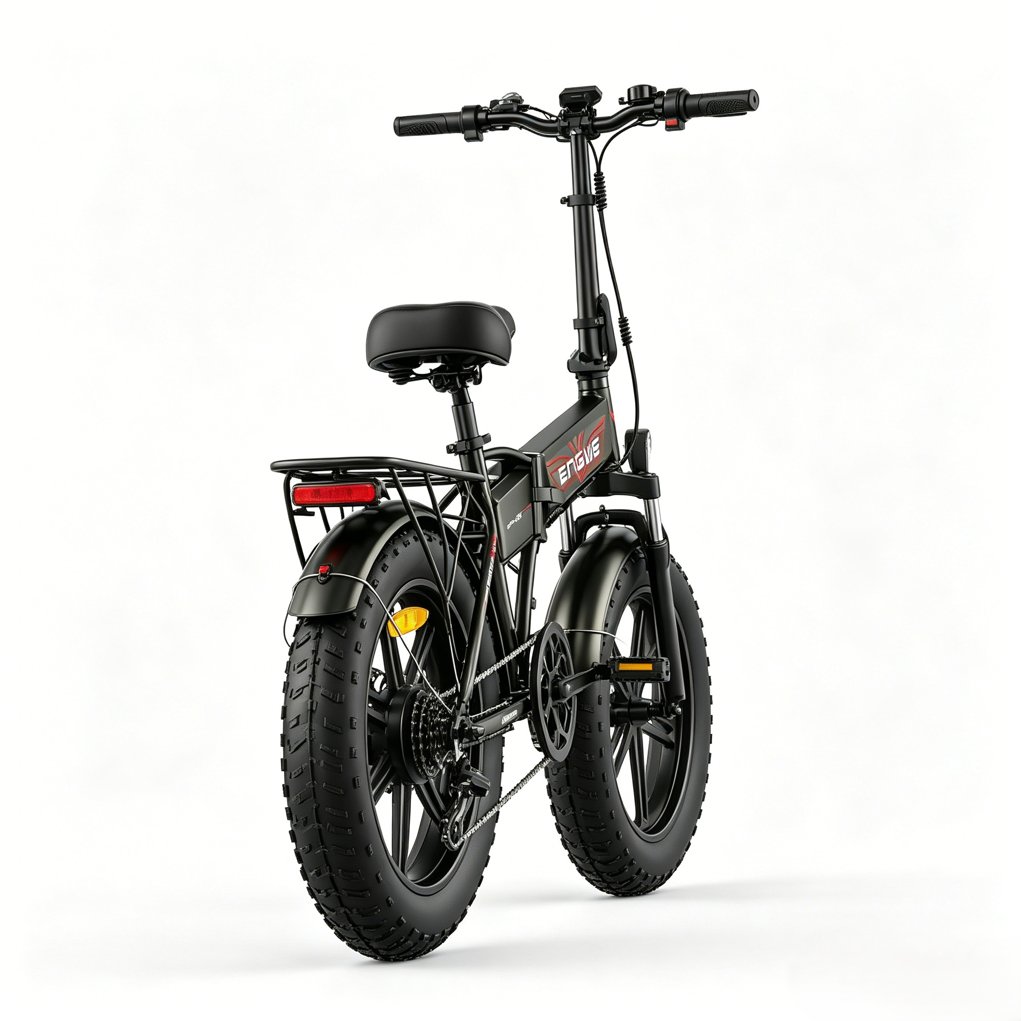 Schwarzes faltbares E-Bike mit breiten Reifen, Gepäckträger und rotem Rücklicht.