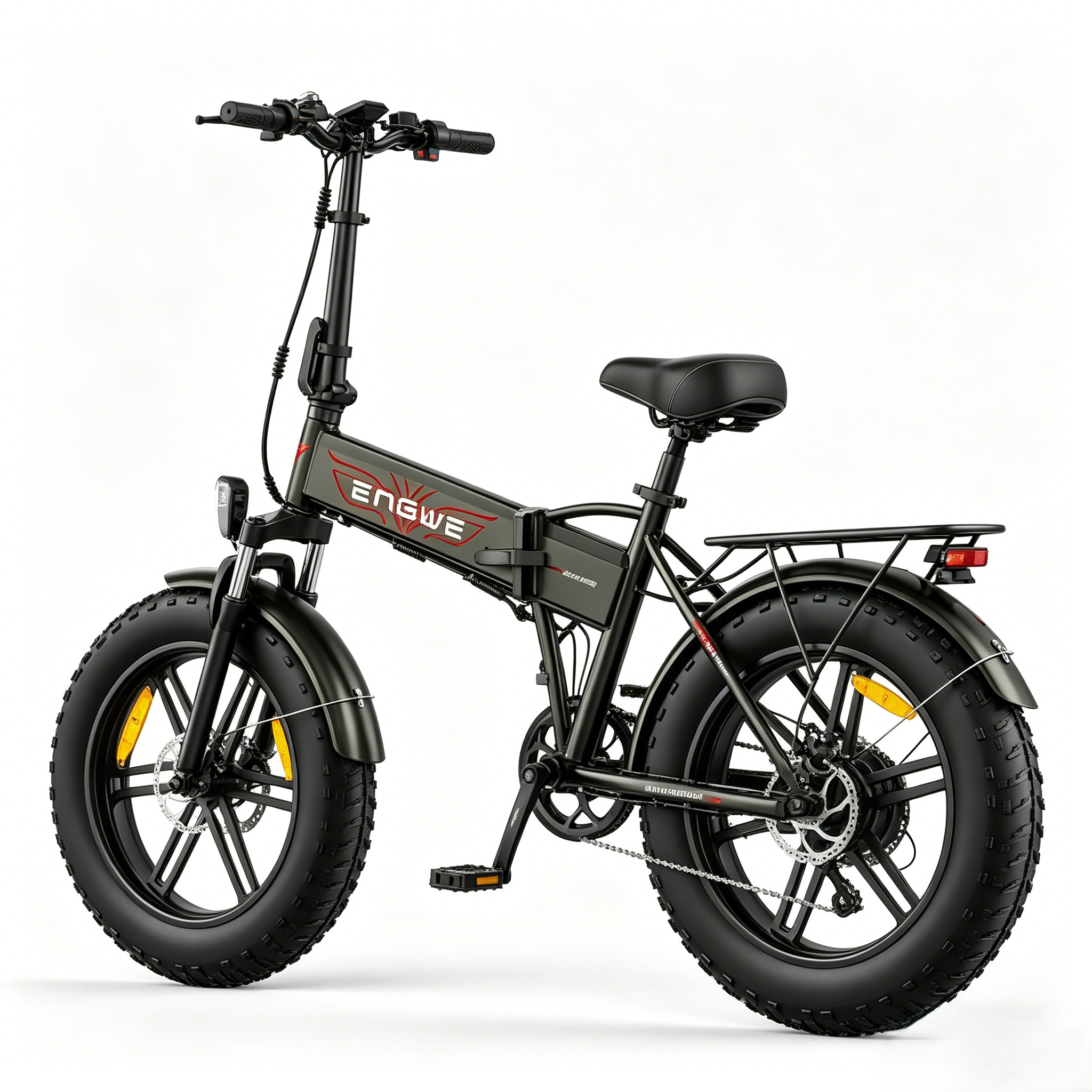 Ein schwarzes, faltbares E-Bike mit dicken Reifen, Gepäckträger und Scheinwerfer.