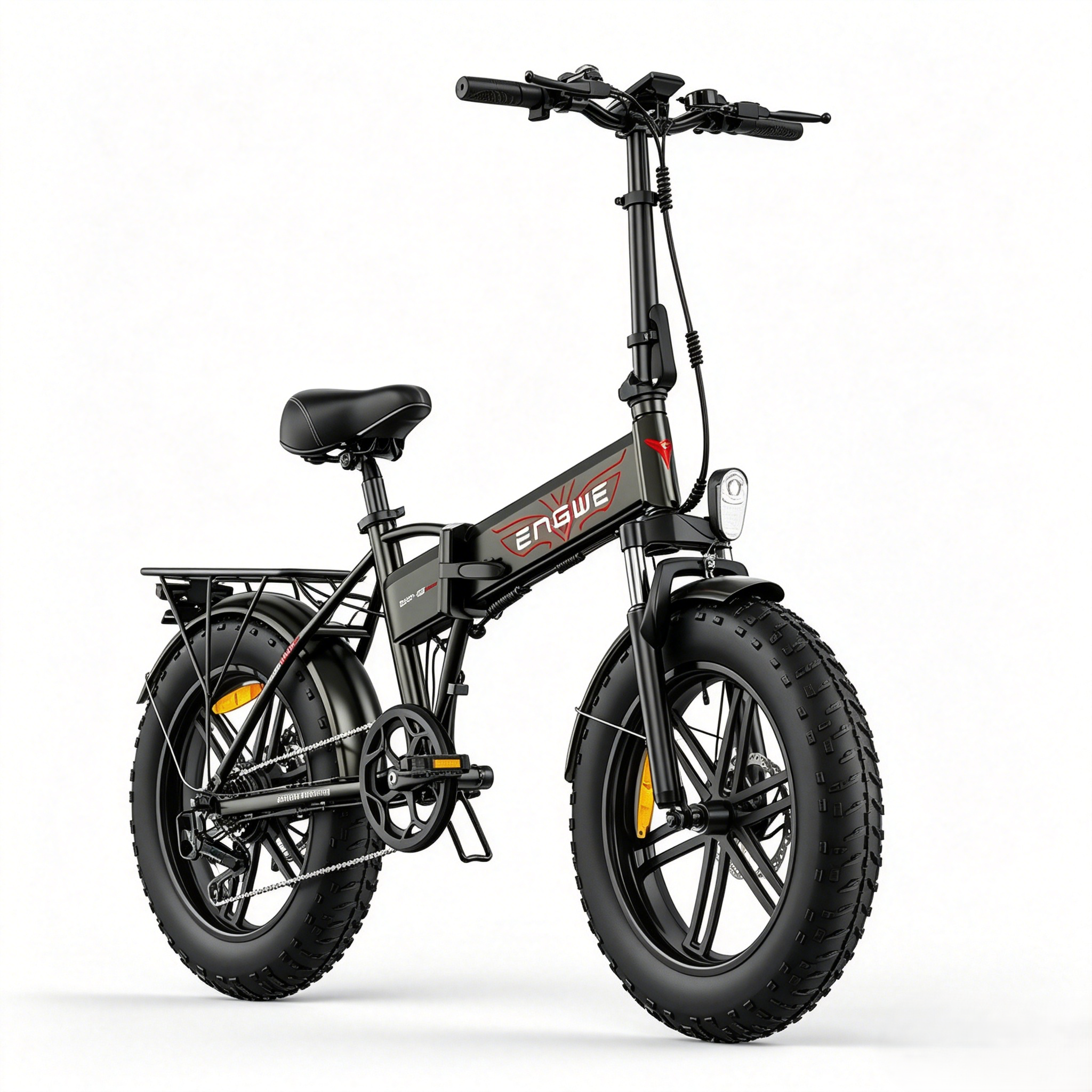 Ein schwarzes faltbares E-Bike mit dicken Reifen und Gepäckträger.