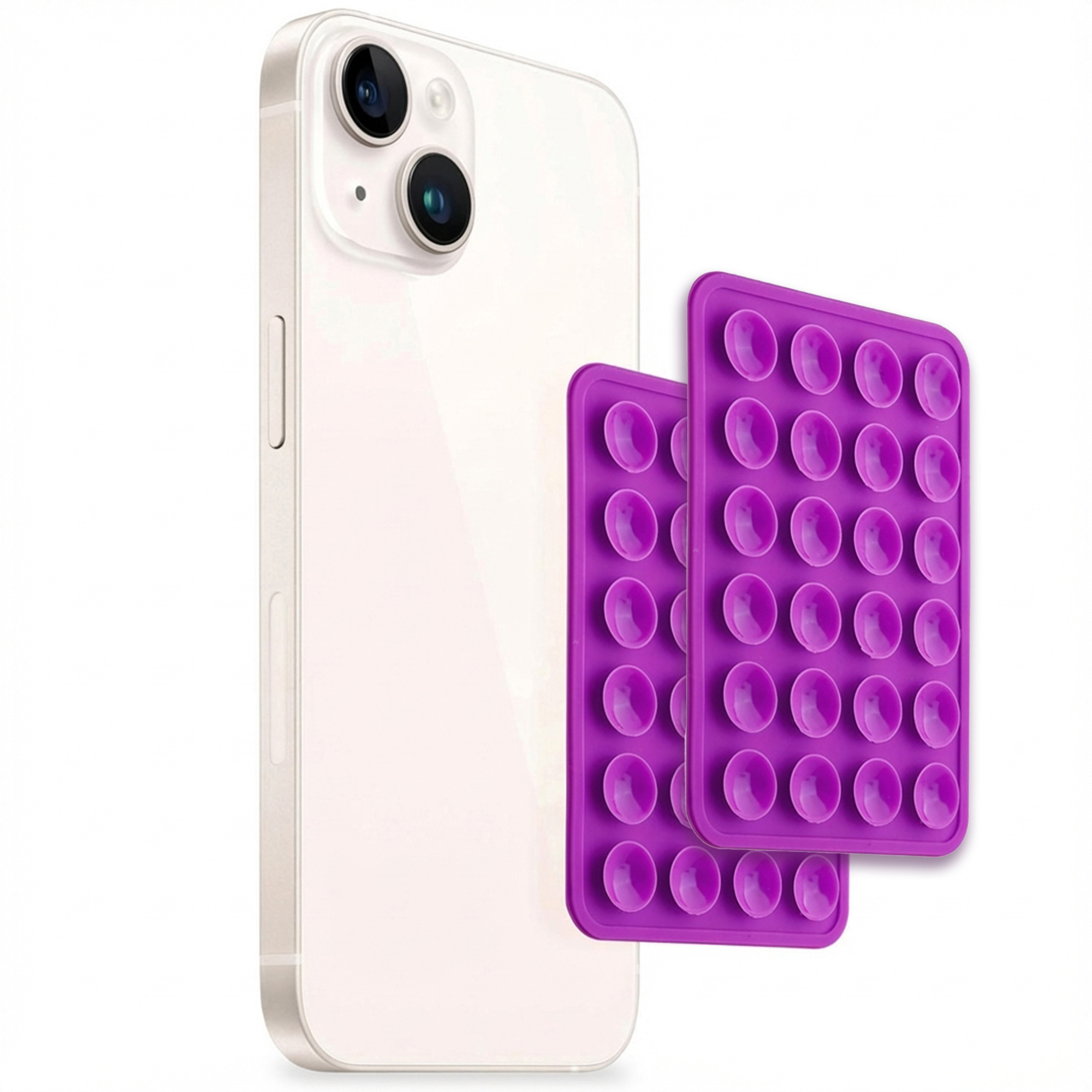 Een witte smartphone met twee paarse zuignapaccessoires aan de achterkant.