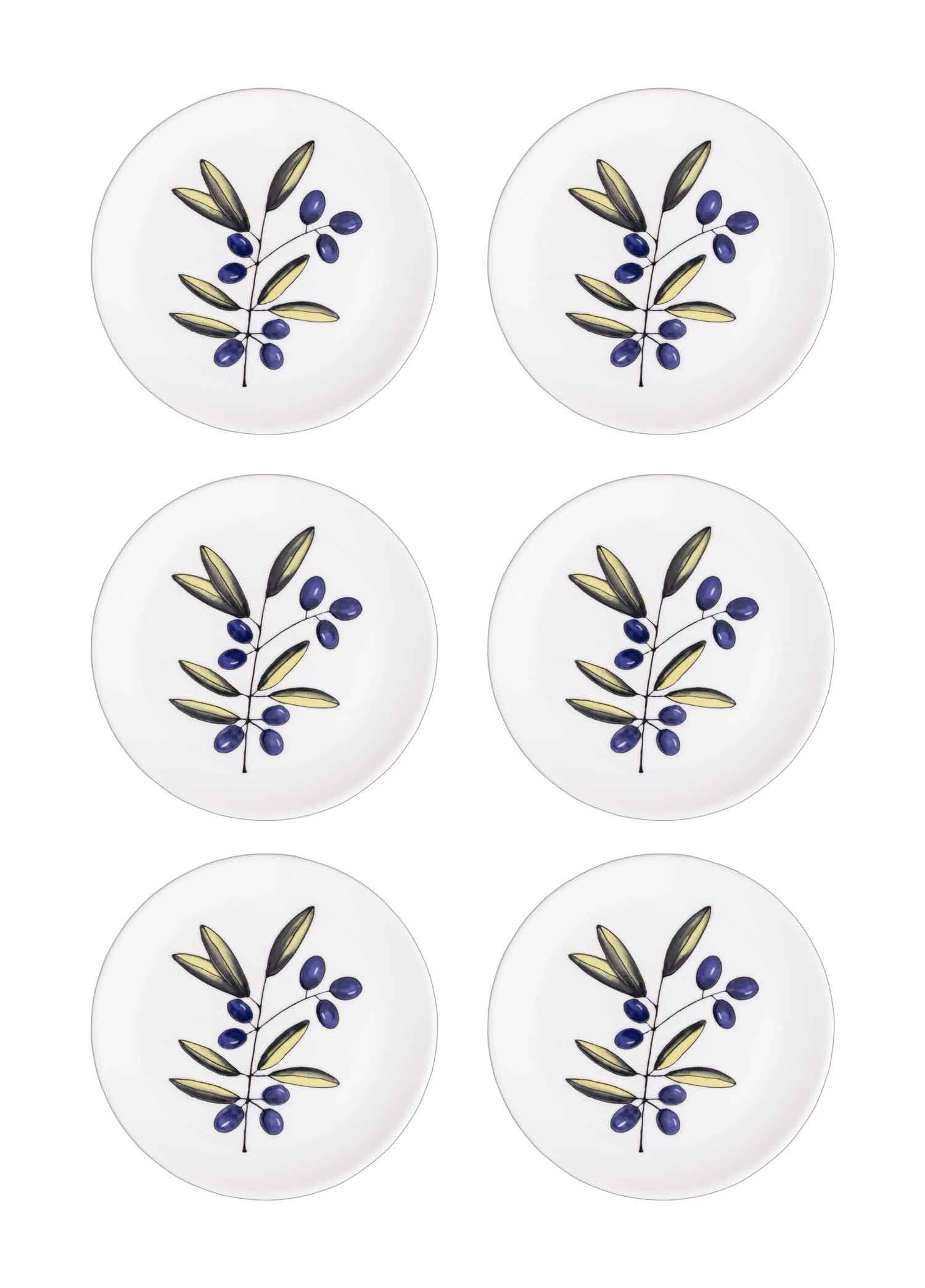 Zeytin dalı desenli altı beyaz tabak.